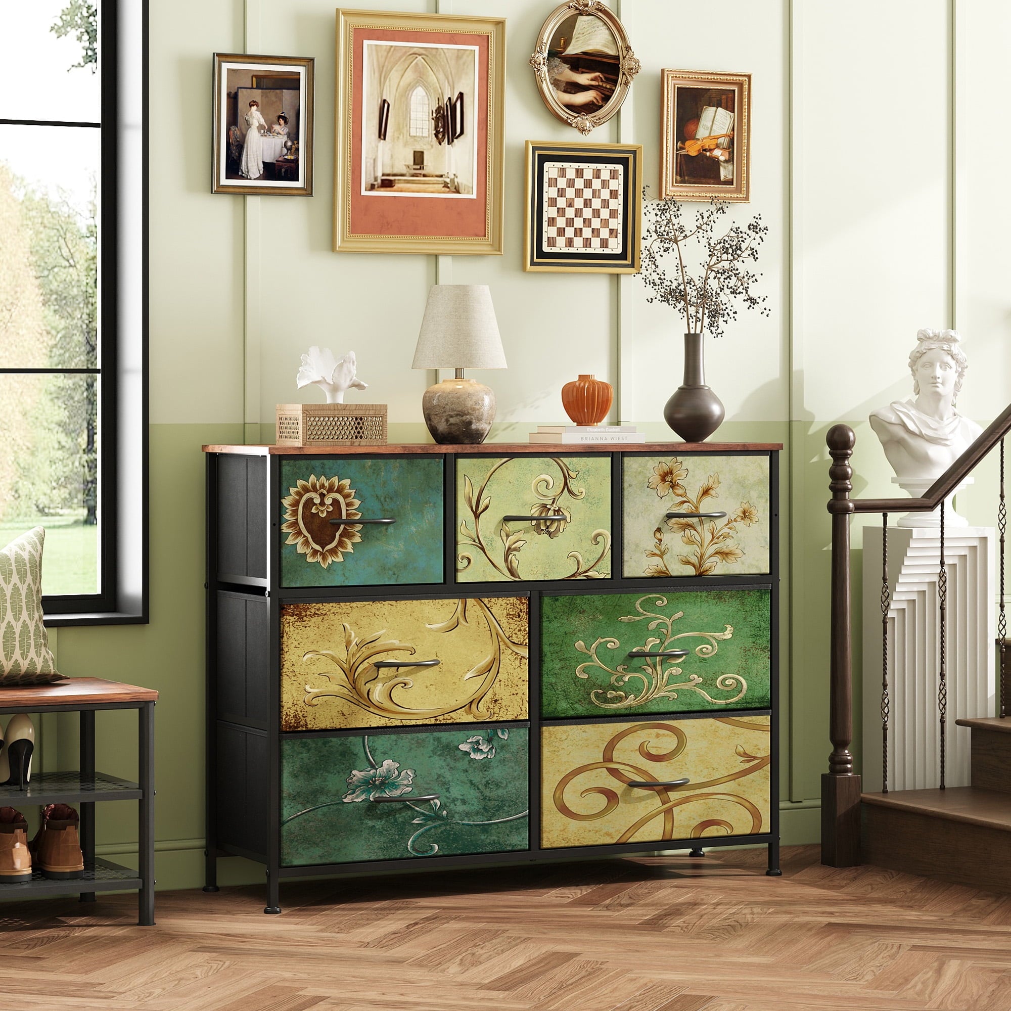 GALAXHERO 7 Drawer Dresser, TV Stands for 45" TV, Chest of Drawers with Fabric Bin for Bedroom, Living Room, Entryway