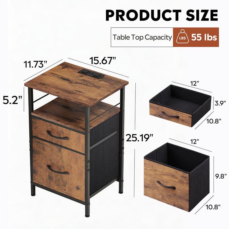 GALAXHERO Nightstands Set of 2, Bed Side Table with Charging Station, End Table with 2 Fabric Drawers for Bedroom, Closet, Dorm