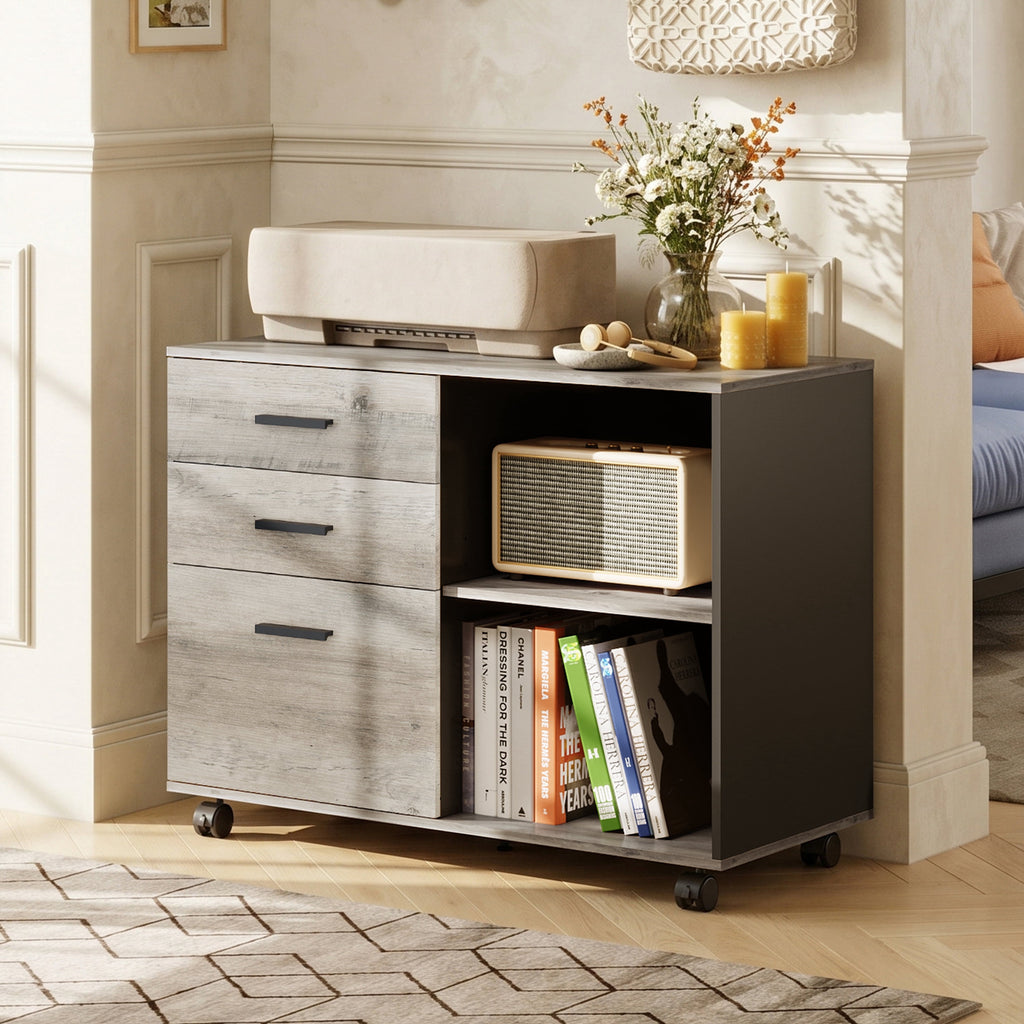 GALAXHERO 3-Drawer Filing Cabinet, Mobile Lateral File Cabinet, Printer Stand with Open Shelves, Wood Office Cabinet