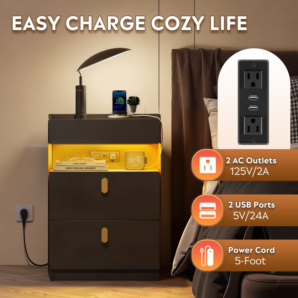 GALAXHERO 2 Drawer Nightstand with Charging Station and LED Lights, Modern Bedside Tables with Sliding Top for Bedroom, Wood End Table for Living Room, Black