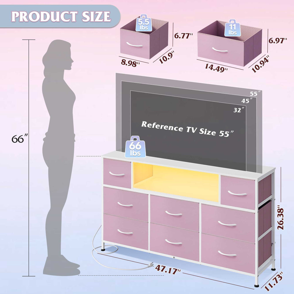 GALAXHERO 8-Drawer Dressers for Bedroom, Dresser TV Stand for 55'' TV with LED Lights and Power Outlets, Fabric Chest of Drawers for Living Room, Entryway