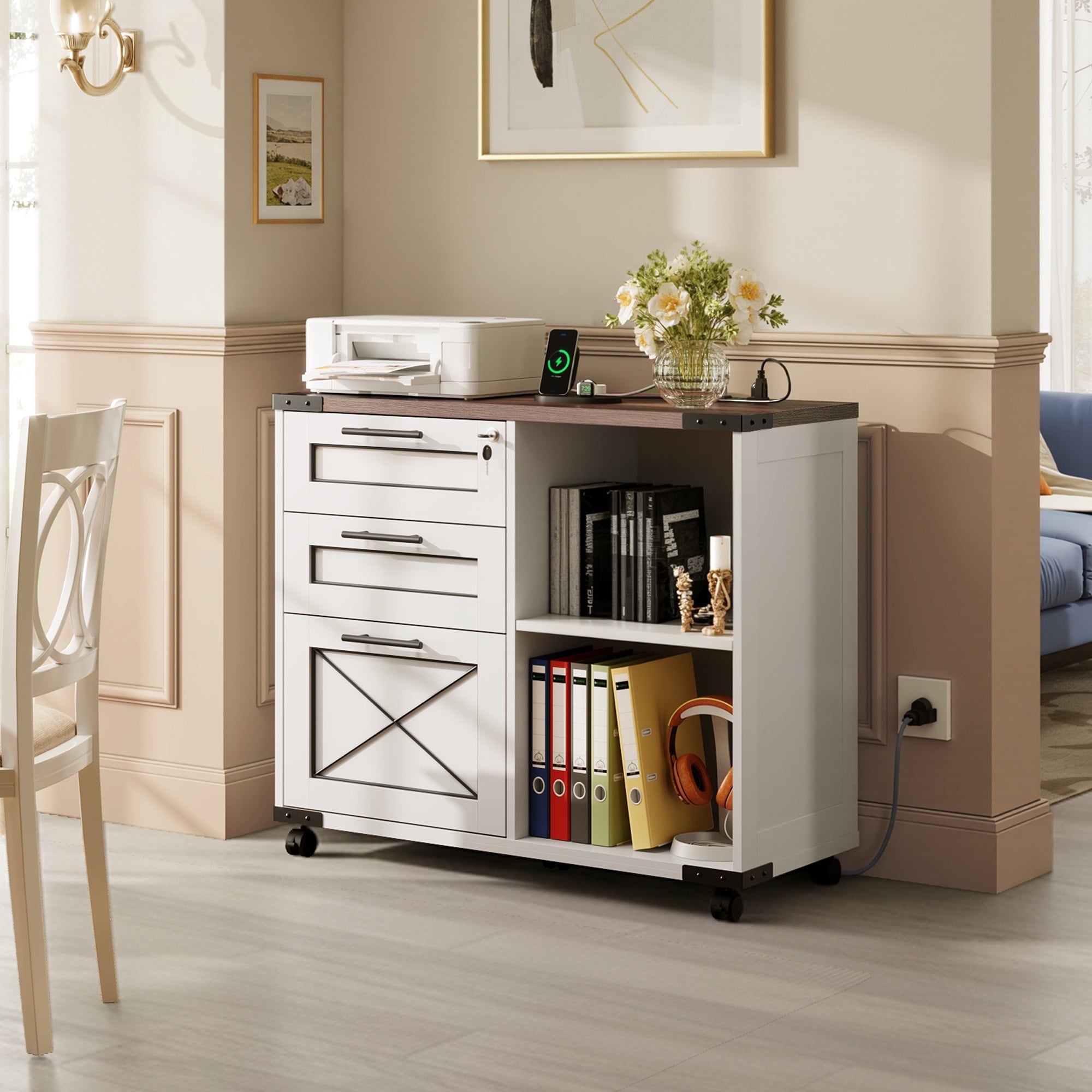 GALAXHERO 3-Drawer Locking File Cabinet, Wood Filing Cabinets with Charging Station, Rolling Printer Stand for Home Office