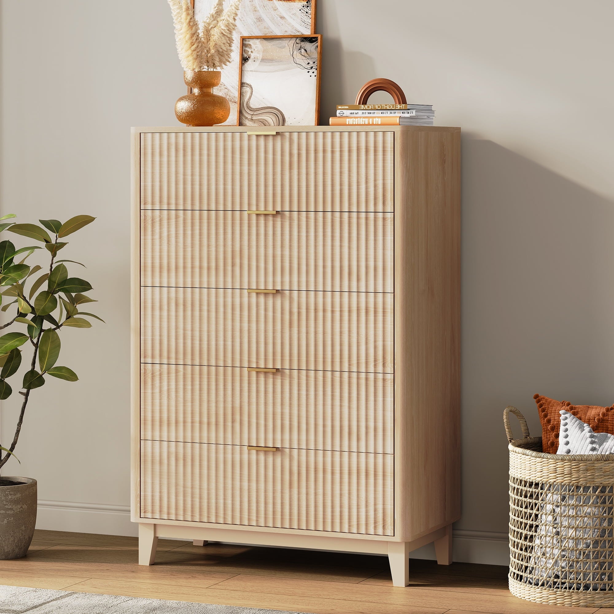 GALAXHERO 5 Drawers Dresser, Fluted Tall Dresser with Golden Metal Handles, Modern Chest of Drawers for Bedroom, Living Room, Hallway, Closet