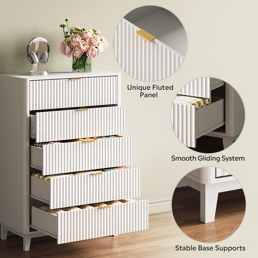 GALAXHERO 5 Drawers Dresser, Fluted Tall Dresser with Golden Metal Handles, Modern Chest of Drawers for Bedroom, Living Room, Hallway, Closet