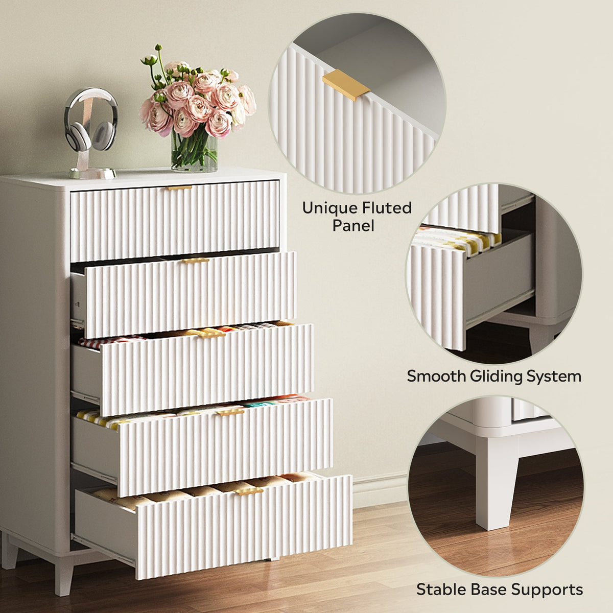 GALAXHERO 5 Drawers Dresser, Fluted Tall Dresser with Golden Metal Handles, Modern Chest of Drawers for Bedroom, Living Room, Hallway, Closet