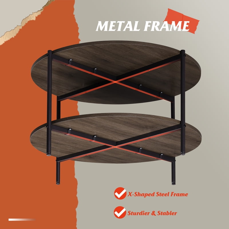 GALAXHERO Round Small Coffee Table 32.6" Side End Table with Open Storage Shelf 2-Tier Industrial Circle Wood Center Table for Living Room Bedroom