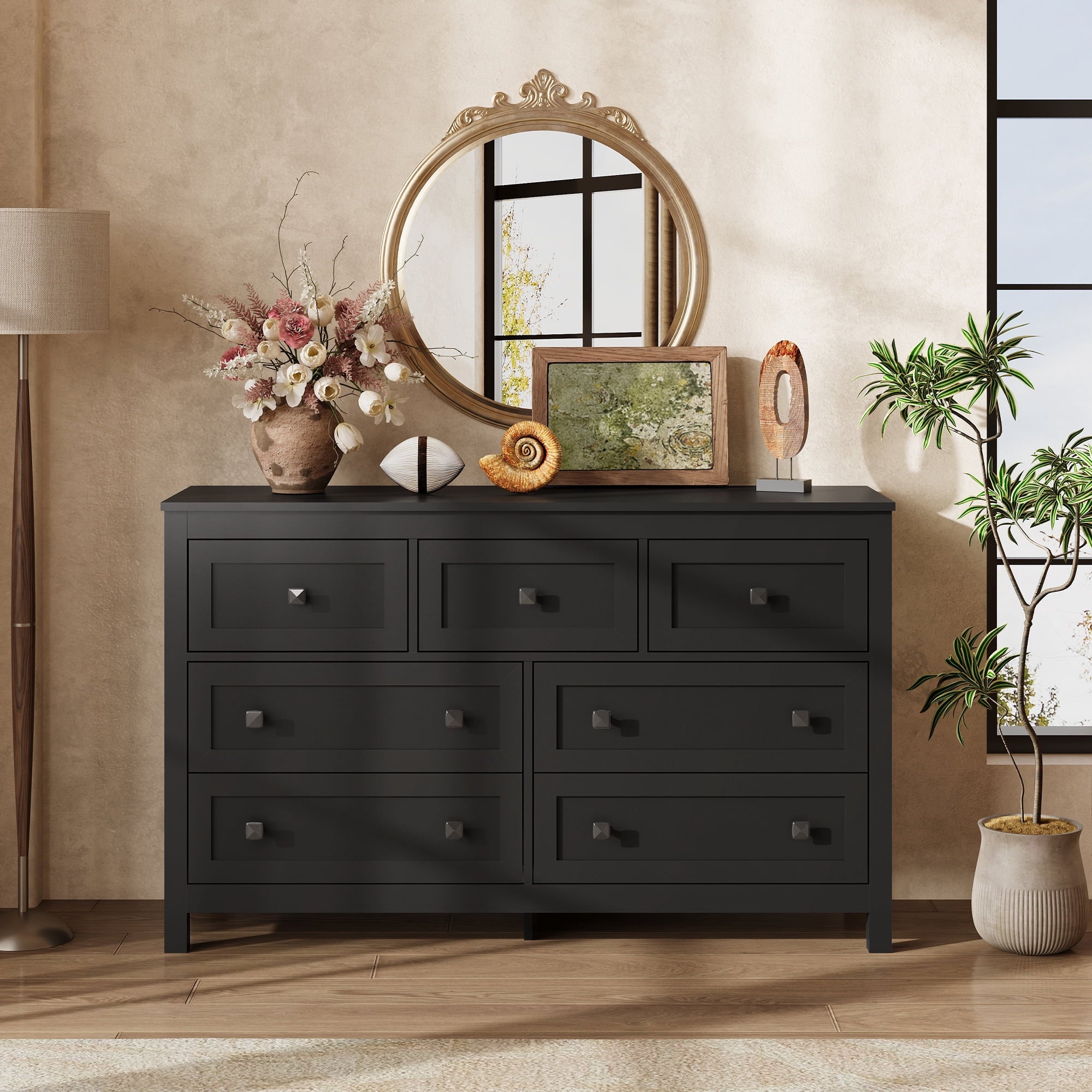 GALAXHERO Farmhouse Dresser for Bedroom, 51.18'' Wide 7 Drawer Wood Dresser, TV Stand for 65 inch TV, Wooden Chest of Drawers for Bedroom, Modern Clothes Organizer for Living Room, Hallway