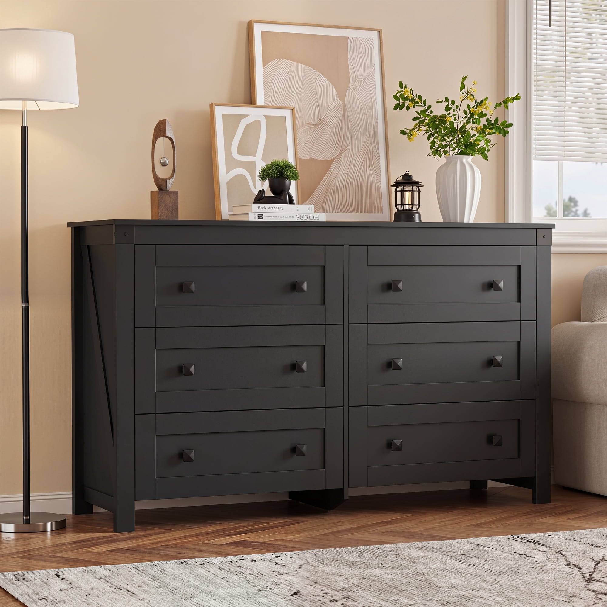 GALAXHERO Farmhouse 6 Drawer Dresser, Wood Dresser with Double Rustic Handles, TV Stand for 60" TV for Living Room, 53.07'' Wide Chest of Drawers for Bedroom, Hallway
