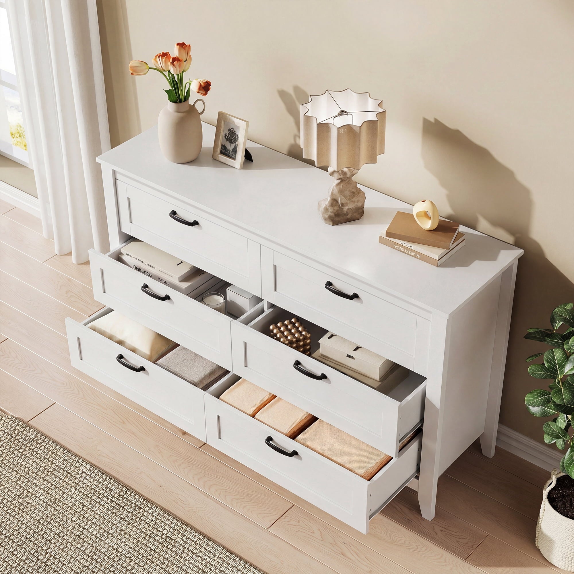GALAXHERO 6-Drawer Double Wood Dresser - Farmhouse Chest of Drawers with Metal Handles for Bedroom, Living Room, Entryway