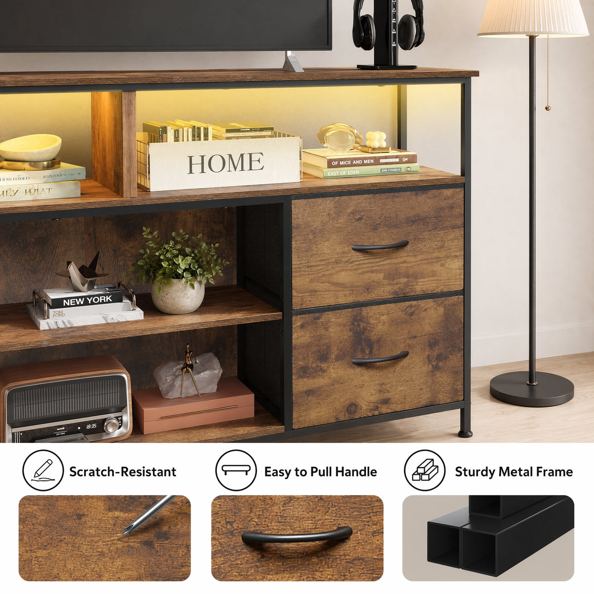 GALAXHERO TV Stand for 50/55/60 inch Television, Entertainment Center with LED Lights, 4 Fabric Drawers and Open Shelves, Media Console TV Stand for Bedroom and Living Room