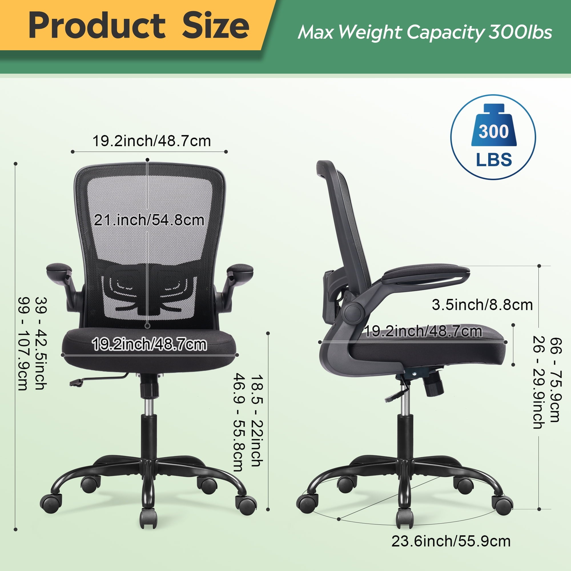GALAXHERO Heavy-Duty 300 lb Capacity Ergonomic Mesh Office Chair for Home & Gaming with Flip-Up Arms, Adjustable Lumbar Support and Tall Back - Height-Adjustable Computer Desk Chair