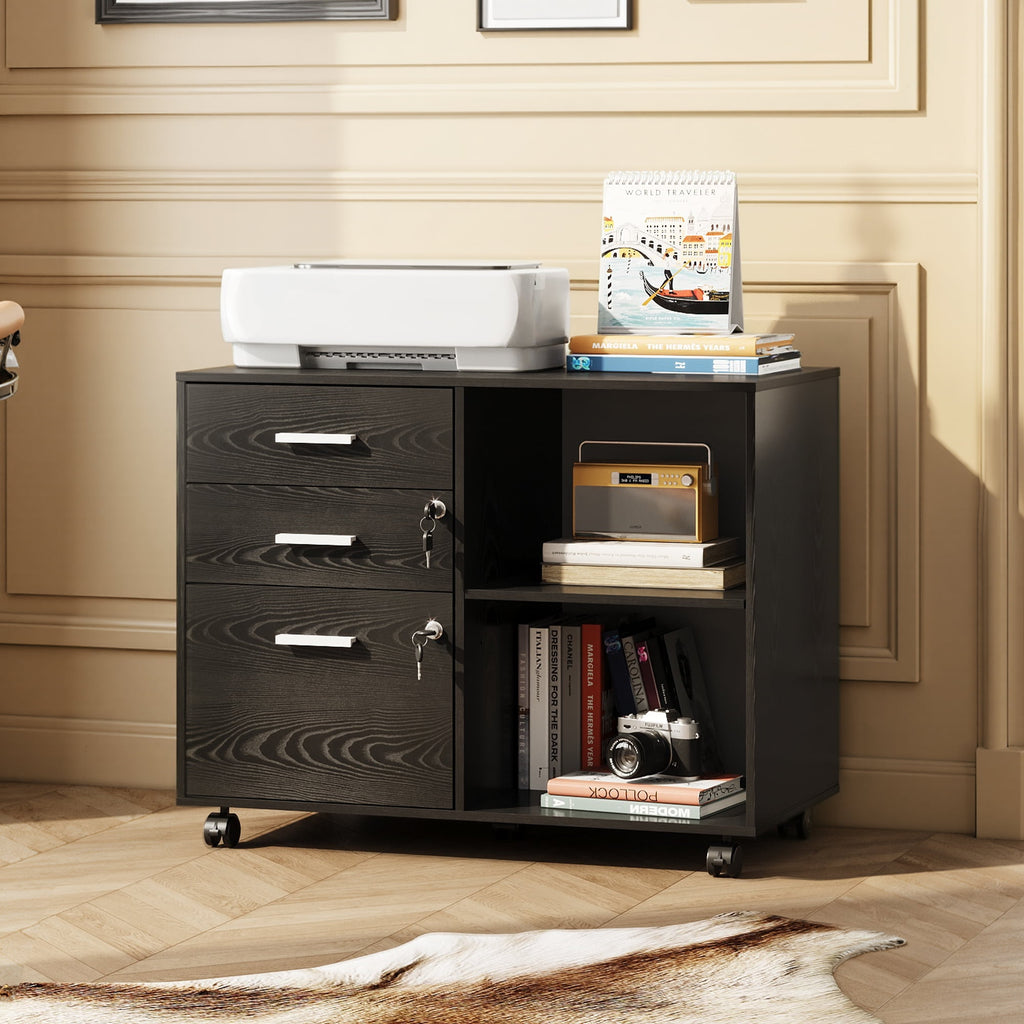 GALAXHERO 3-Drawer File Cabinet with Lock and Key, Mobile Wood Lateral Filing Cabinet & Printer Stand with Open Shelves for Home Office