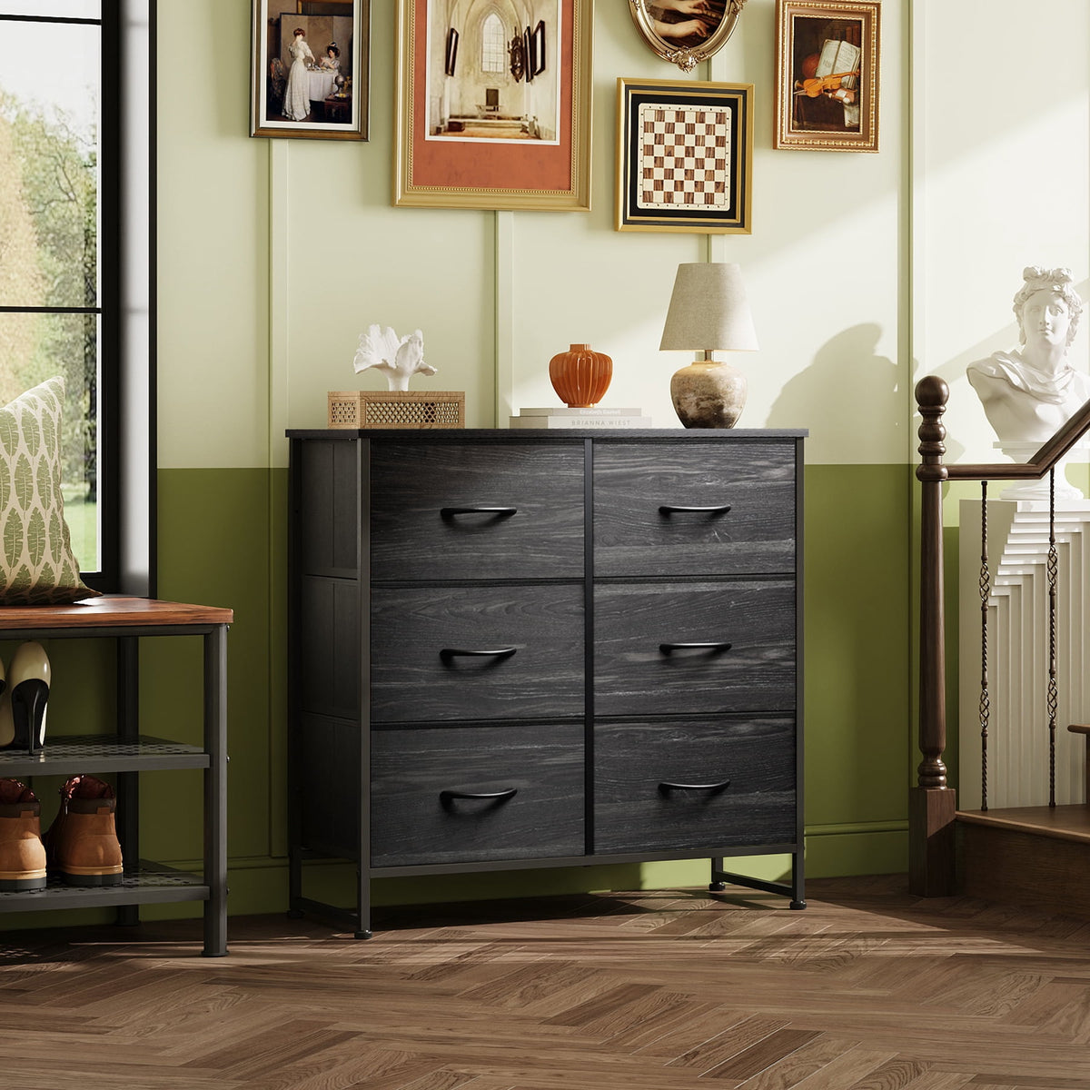 GALAXHERO 6 Drawer Dresser, Black Fabric Double Dresser, Storage Tower with Fabric Bins, Chest of Drawers for Bedroom, Closet, Living Room, Hallway