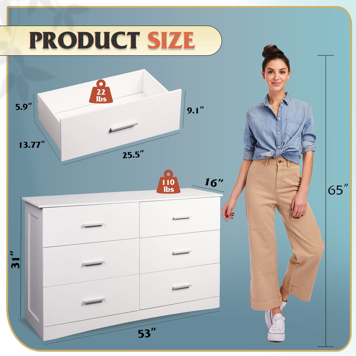 GALAXHERO Dresser with 6 Drawers, Wide Wooden Chest of Drawers for Bedroom, Large Storage Tower Unit, Modern Minimalist Closet Store Organizer for Living Room, Hallway