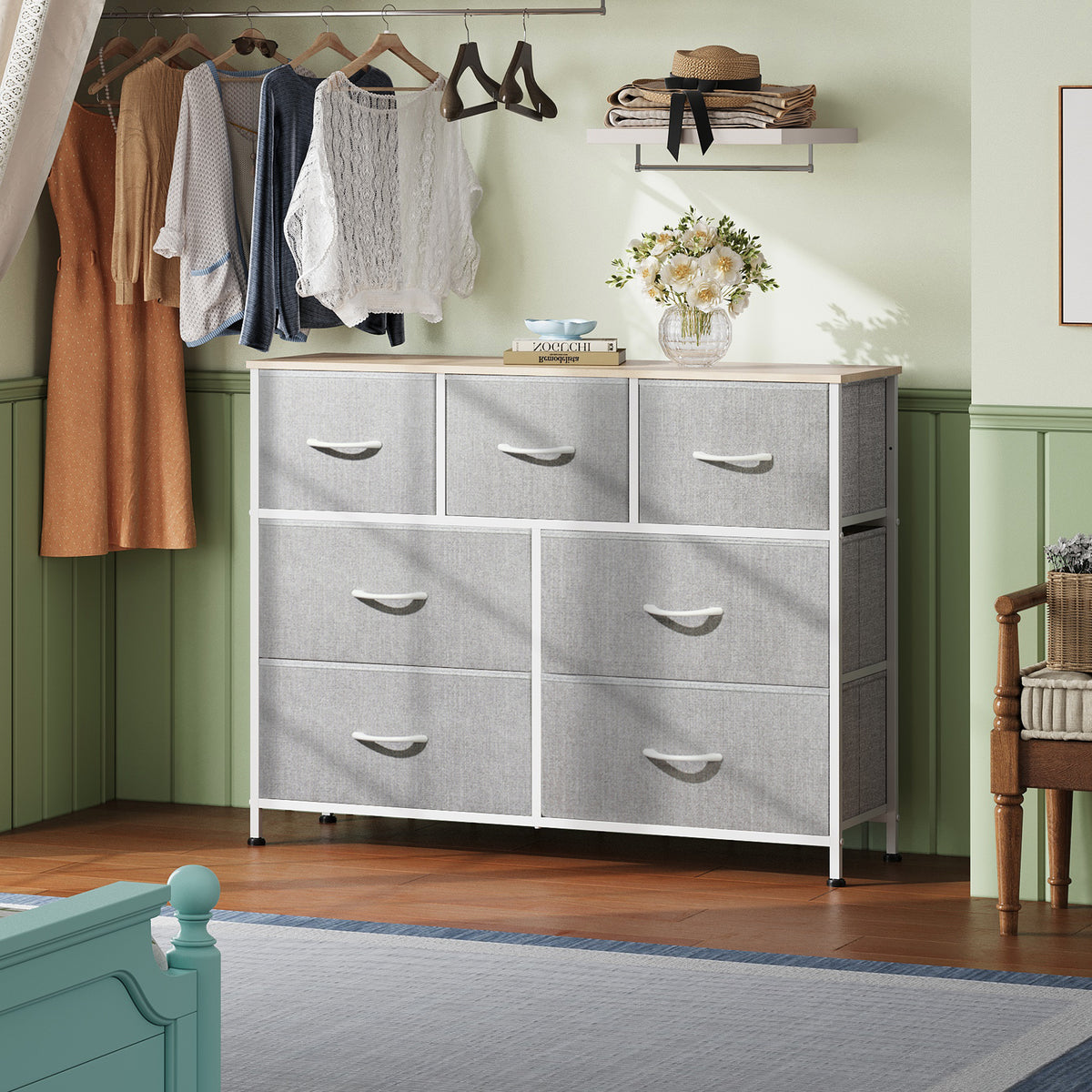 GALAXHERO 7 Drawer Dresser, TV Stands for 45" TV, Chest of Drawers with Fabric Bin for Bedroom, Living Room, Entryway