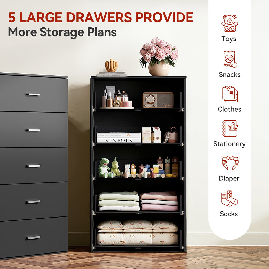 GALAXHERO 5 Drawers Dresser, Chest of Drawers for Bedroom, Tall Wood Storage Cabinet with Metal Handle for Living Room, Closet, Hallway