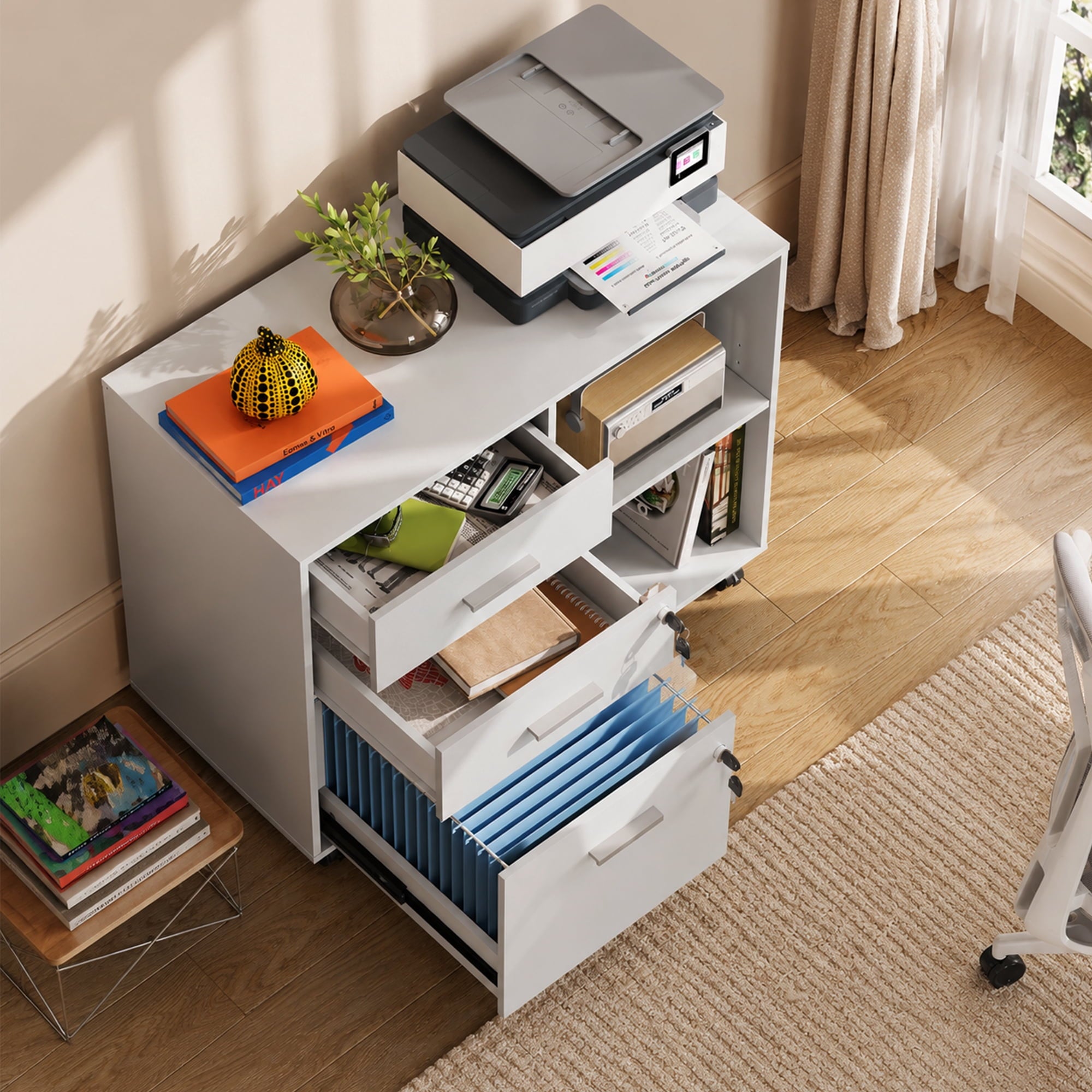 GALAXHERO 3-Drawer File Cabinet with Lock and Key, Mobile Wood Lateral Filing Cabinet & Printer Stand with Open Shelves for Home Office