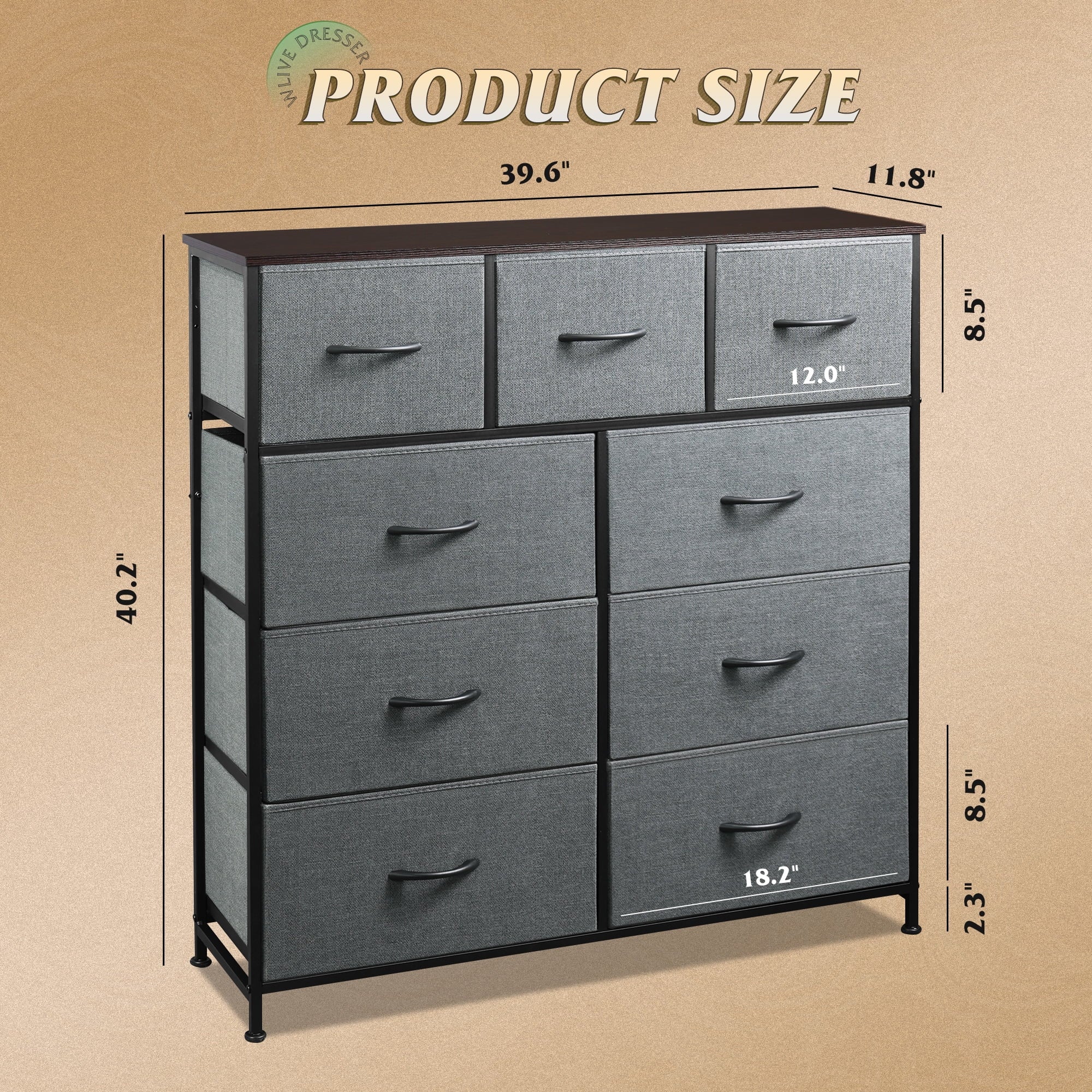 GALAXHERO Dresser 9-Drawer Fabric Storage Tower Chest for Bedroom, Hallway, Entryway, Closet with Fabric Bins, Steel Frame, Wood Top, Easy Pull Handle, Dark Grey