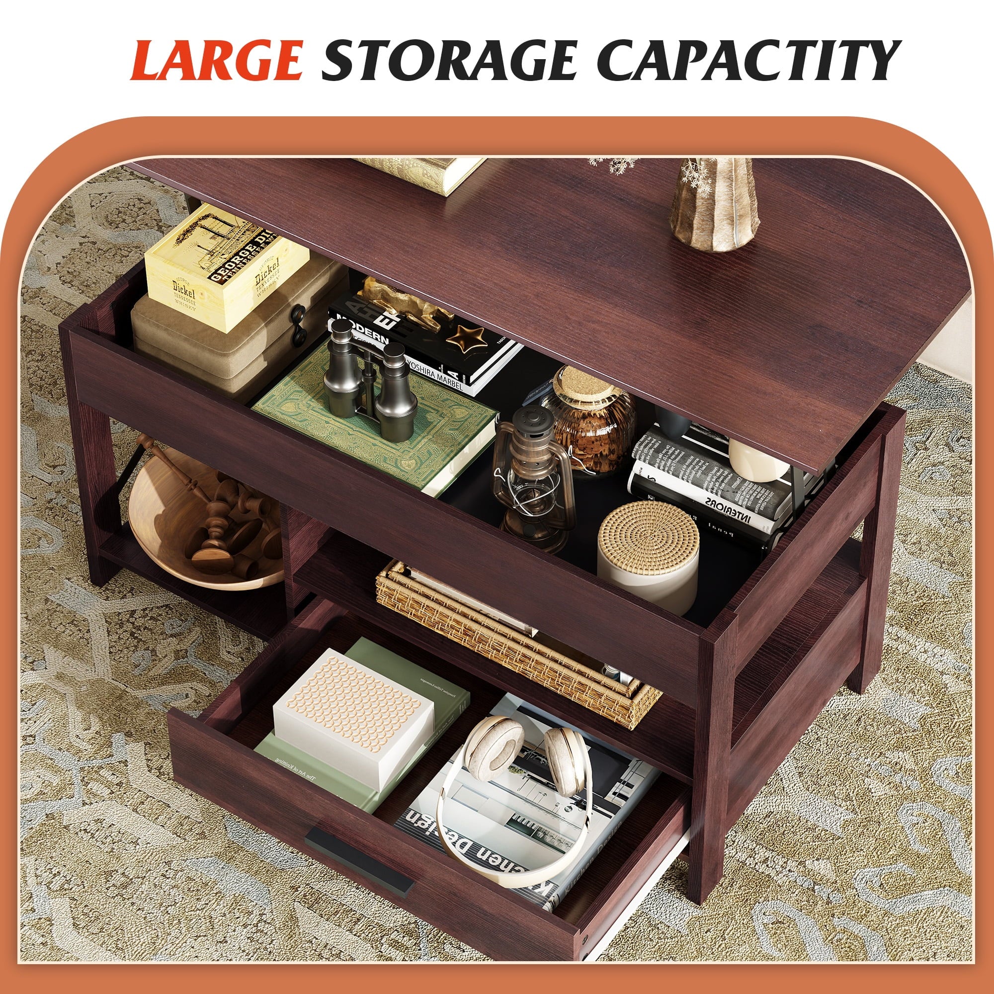 GALAXHERO Coffee Table, 39" Lift Top Coffee Table with Hidden Compartment, Storage Drawers and Storage Shelf for Living Room, Reception Room