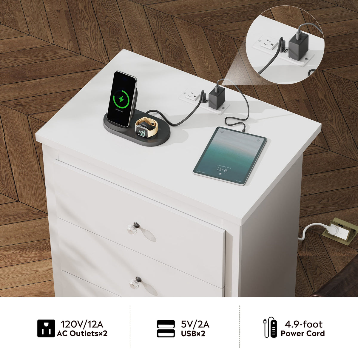 GALAXHERO Nightstand with Charging Station, 3-Drawer Tall Wood Bedside Table & End Table for Bedroom Living Room Dorm