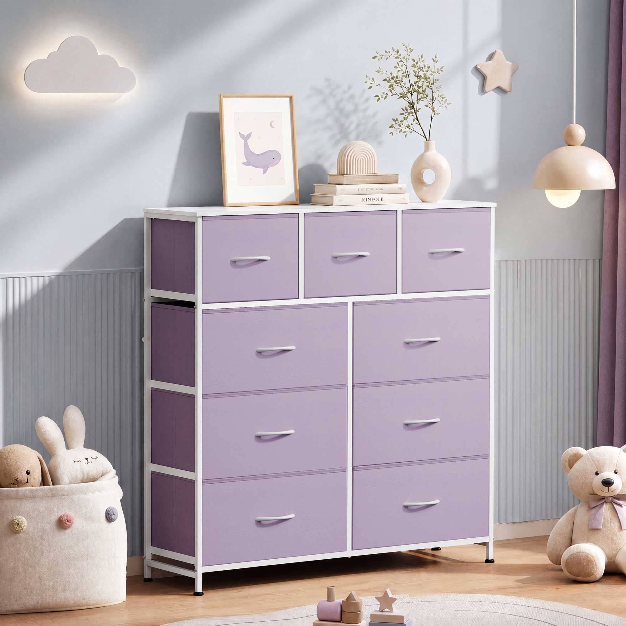 GALAXHERO 9-Drawer Fabric Dresser, Tall Storage Tower for Bedroom, Hallway, Entryway, Closet, Chest Organizer Unit with Fabric Bins, Steel Frame, Wood Top, Wood Grain Print