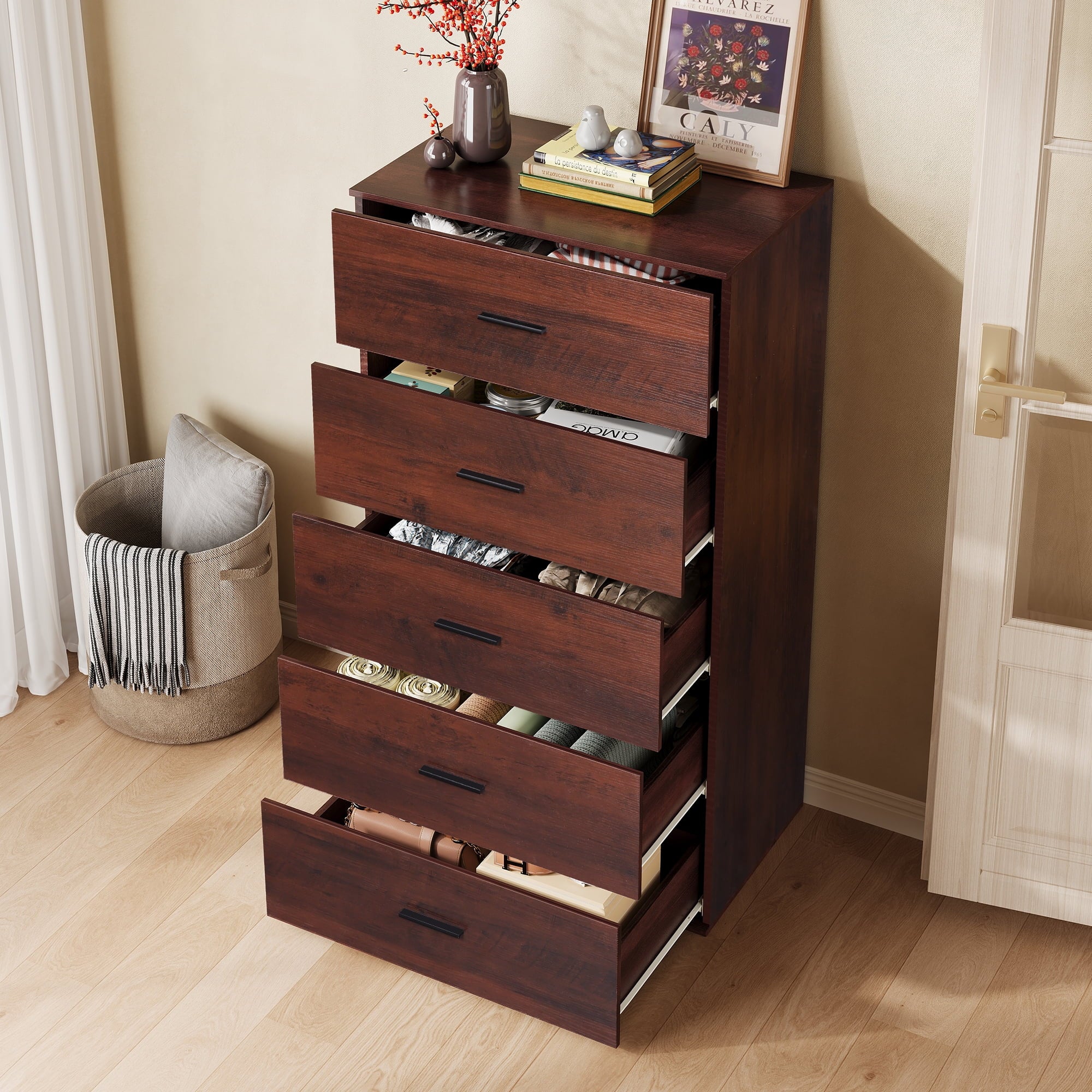 GALAXHERO 5 Drawers Dresser, Chest of Drawers for Bedroom, Tall Wood Storage Cabinet with Metal Handle for Living Room, Closet, Hallway