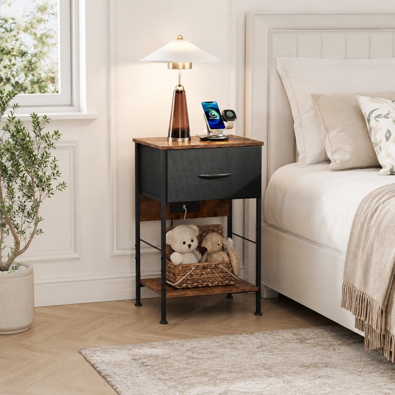 GALAXHERO Nightstand with Charging Station, Small Dresser with Drawer and Storage Shelfs for Bedroom