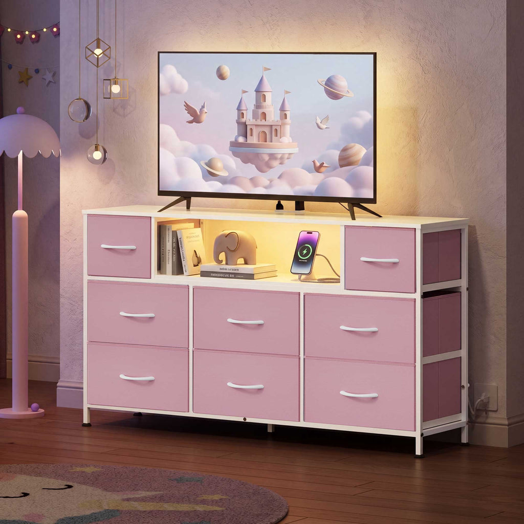 GALAXHERO 8-Drawer Dressers for Bedroom, Dresser TV Stand for 55'' TV with LED Lights and Power Outlets, Fabric Chest of Drawers for Living Room, Entryway