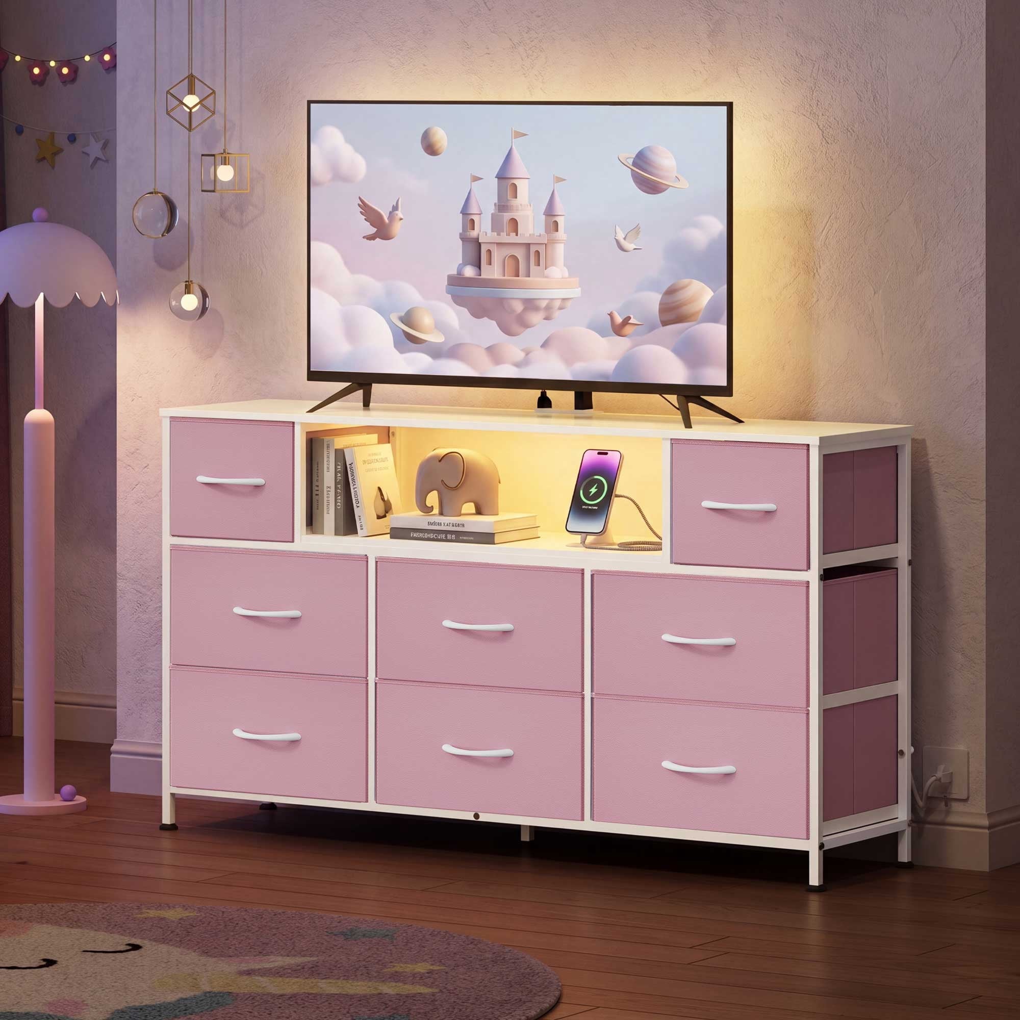 GALAXHERO 8-Drawer Dressers for Bedroom, Dresser TV Stand for 55'' TV with LED Lights and Power Outlets, Fabric Chest of Drawers for Living Room, Entryway
