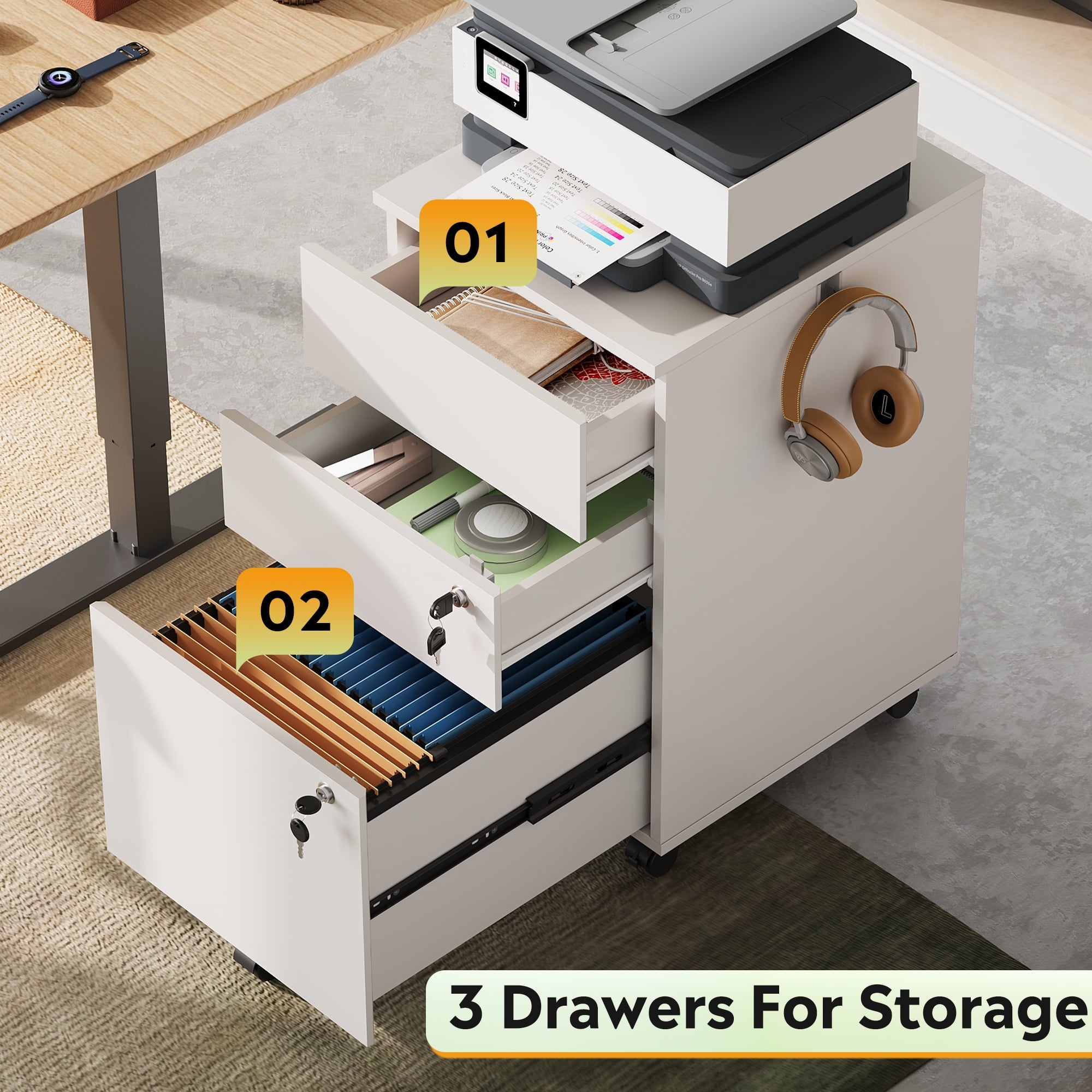 GALAXHERO File Cabinet 3-Drawer Rolling Wood Cabinet for Home Office with Lock, Fits Letter/A4/Legal Size, Retractable Hook, White