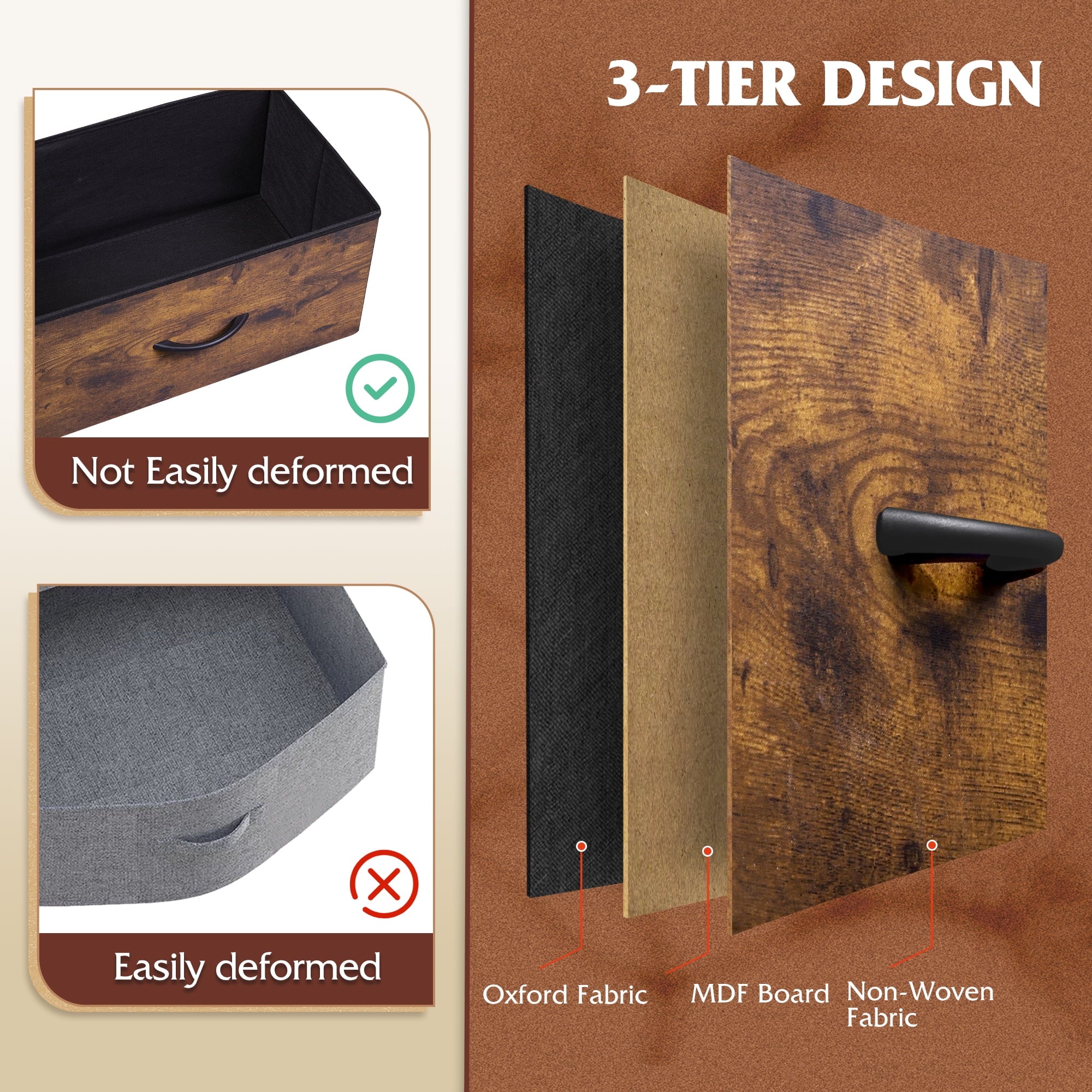 GALAXHERO 5-Drawer Tall Fabric Dresser with Wood Top, Storage Organizer Chest for Bedroom, Closet, Hallway, Sturdy Steel Frame, Rustic Brown Wood Grain Print