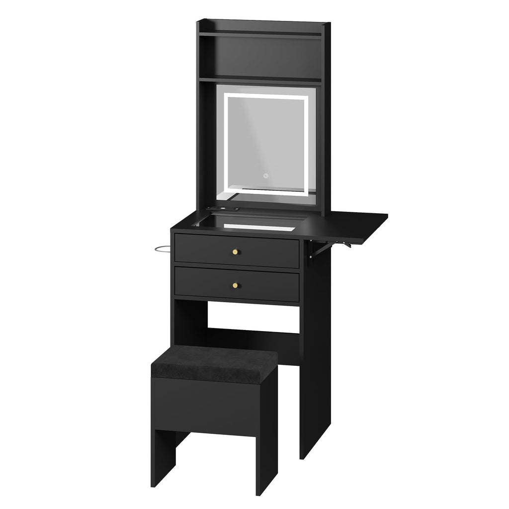 GALAXHERO Vanity Desk with Lighted Mirror and Glass Top, Makeup Vanity Chair with Storage, Fold-up Panel, 2 Drawers Dressing Table for Bedroom