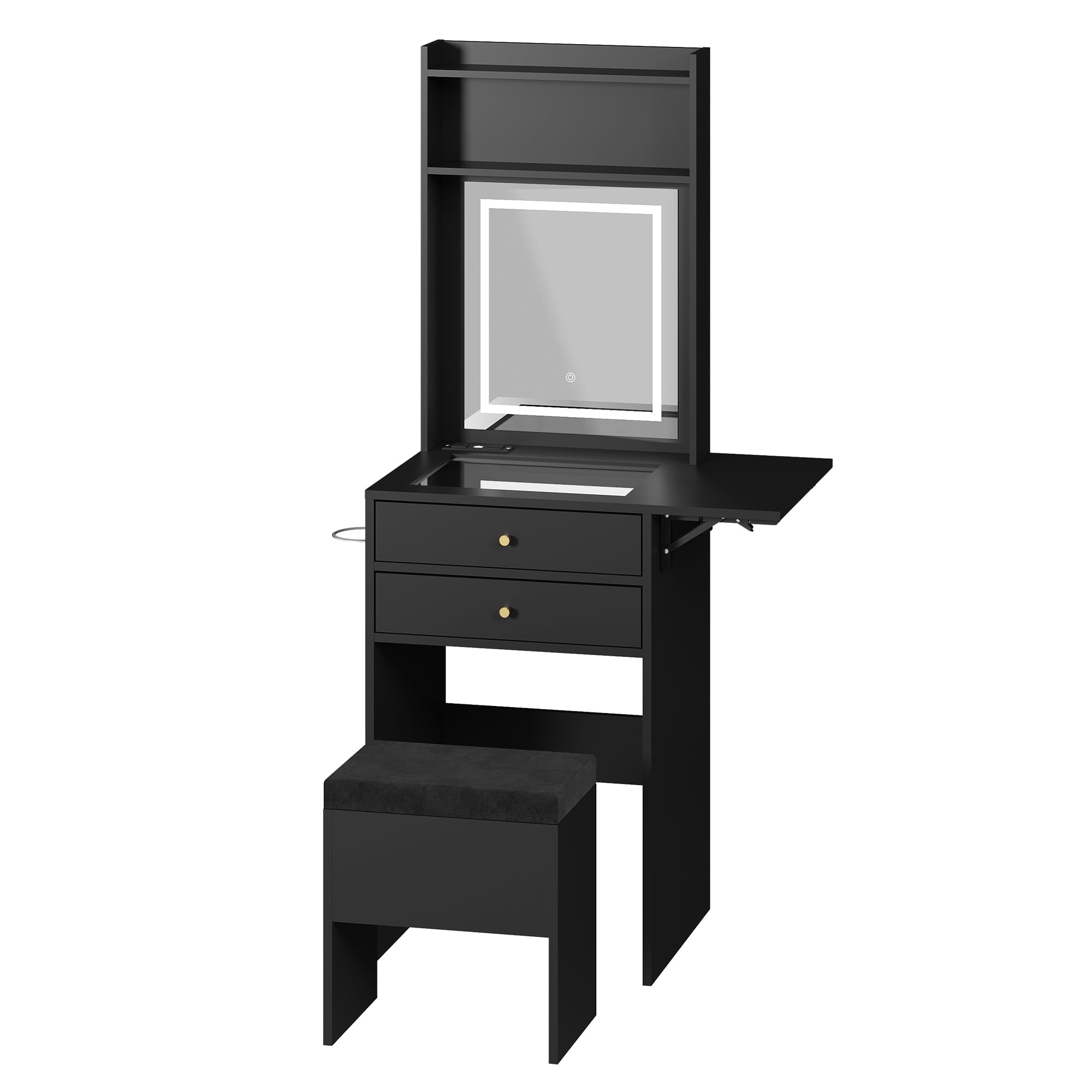 GALAXHERO Vanity Desk with Lighted Mirror and Glass Top, Makeup Vanity Chair with Storage, Fold-up Panel, 2 Drawers Dressing Table for Bedroom