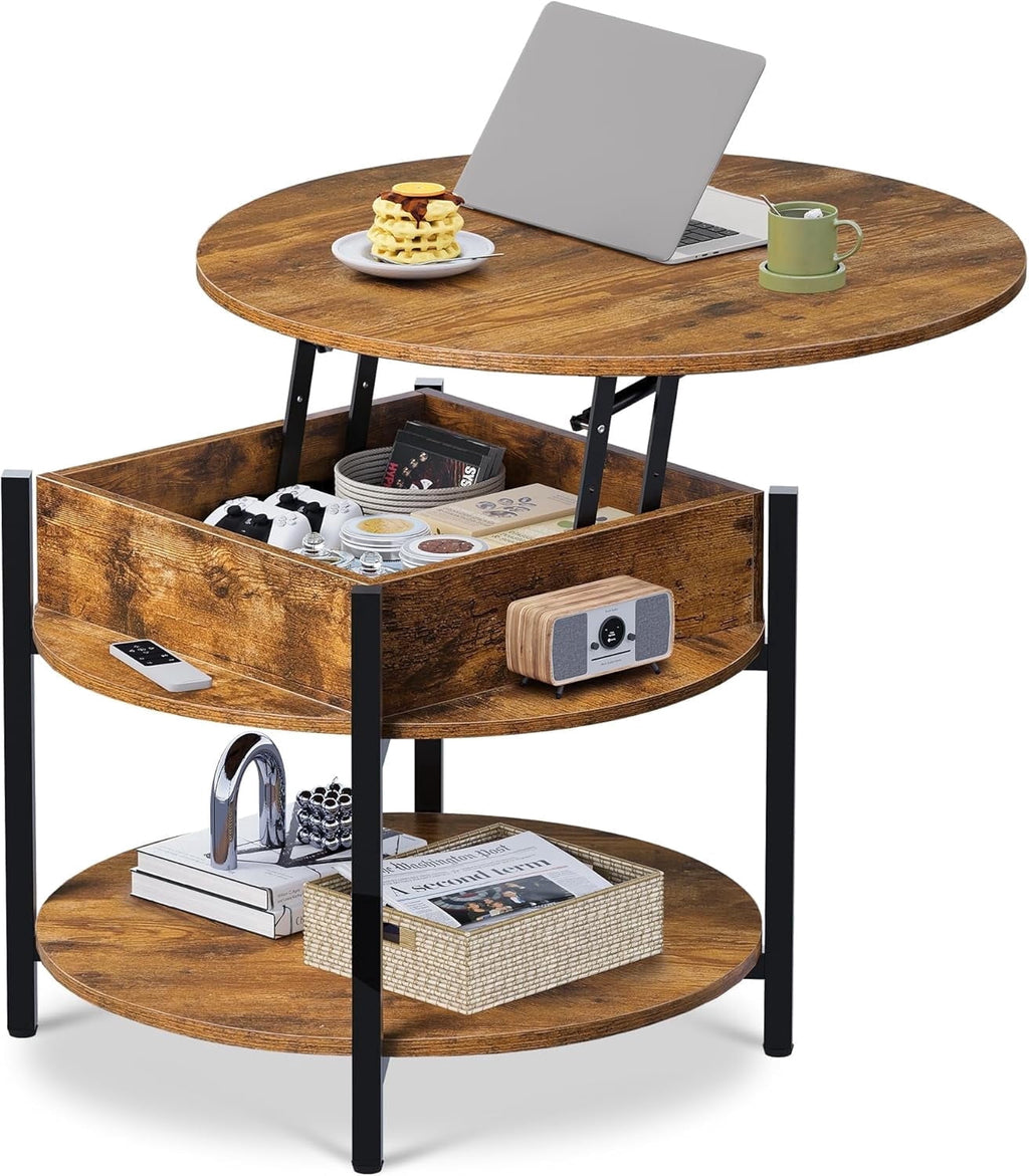 GALAXHERO Round Lift Top Coffee Table with Hidden Compartment and Storage Shelf, Farmhouse Small Coffee Table with 2 Tier for Living Room