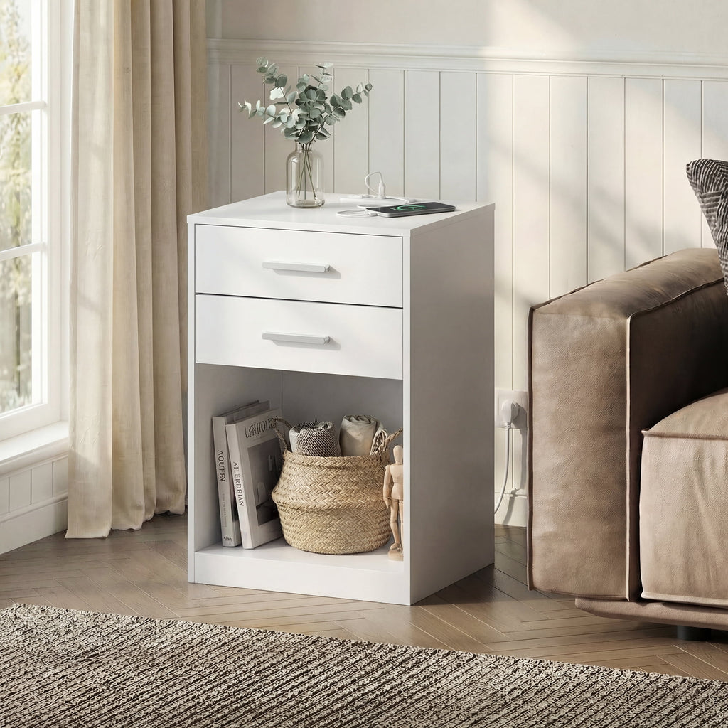 GALAXHERO Nightstand Set of 2 with Charging Station and 2 Drawers, Wood Bedside Table End Table with Open Shelf for Bedroom, Living Room
