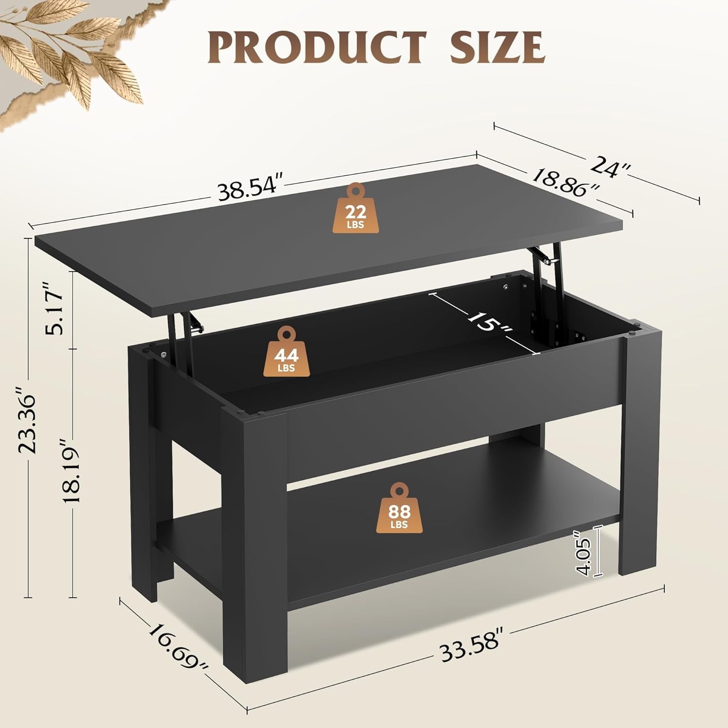 GALAXHERO 39" Lift Top Coffee Table with Storage Shelf & Hidden Compartment and Lifting Top for Home Living Room Office and Reception Room