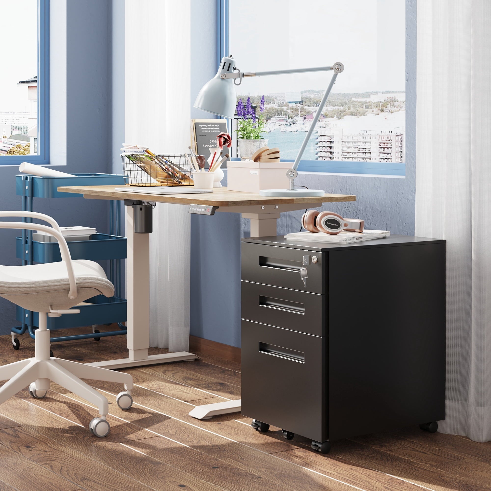 GALAXHERO Small 3-Drawer Mobile Metal File Cabinet (Assembled Except Casters), Under Desk Storage Cabinet with Lock and Key, Fits Letter/Legal/A4 Sizes