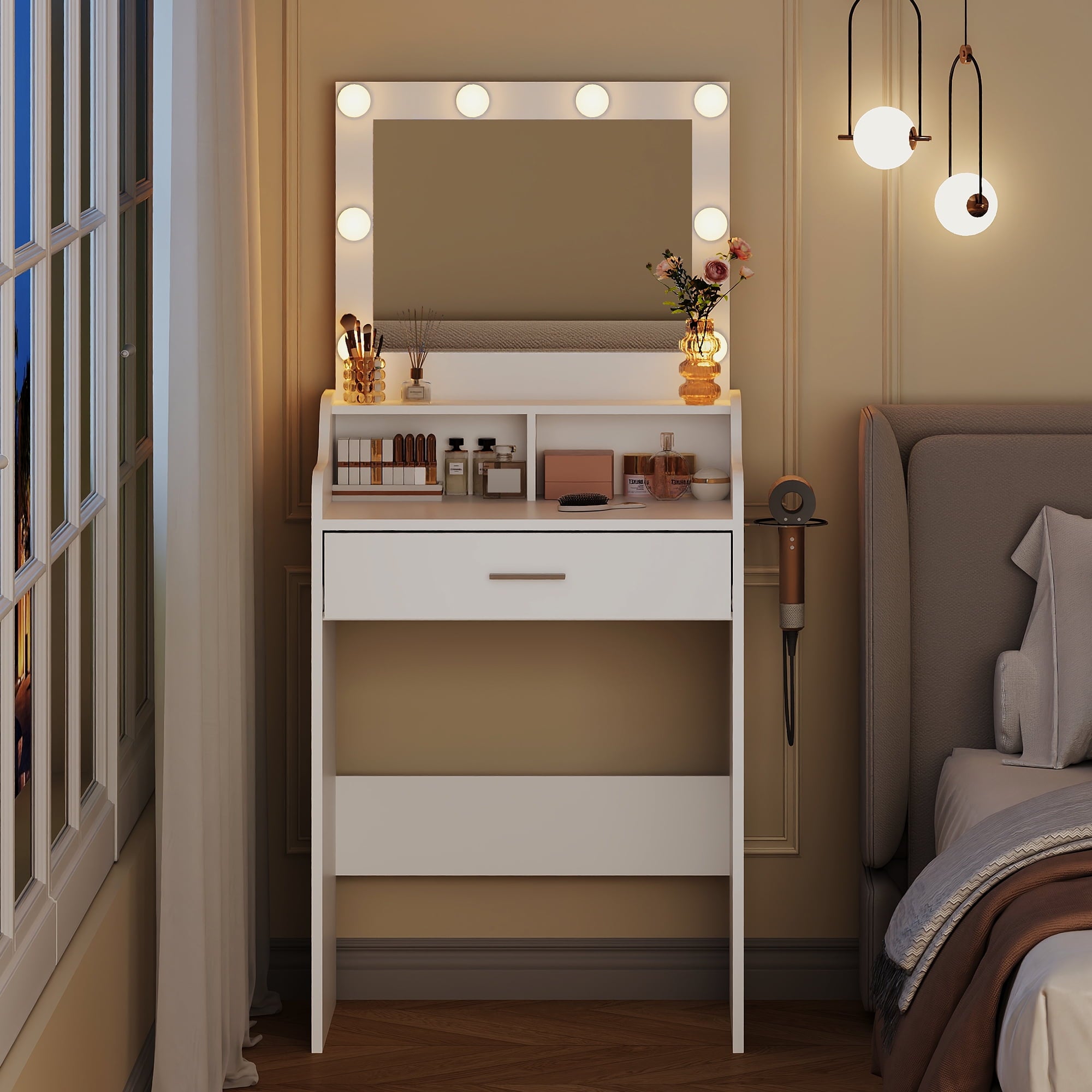 GALAXHERO Small Vanity Desk with Mirror, Makeup Tables with Drawer and Storage Shelves, Girls Dressing Table for Bedroom, White