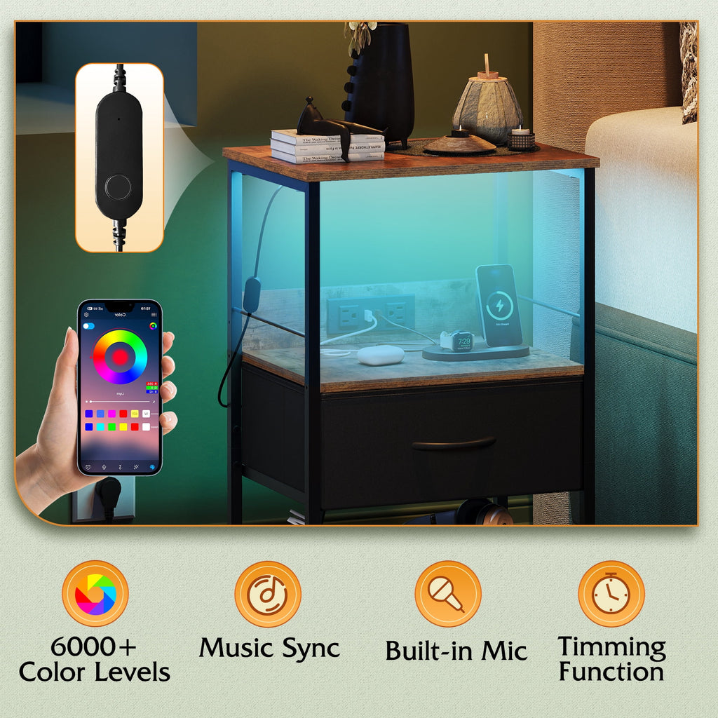 GALAXHERO LED Nightstand with Charging Station, Small Dresser with Drawer and Storage Shelfs for Bedroom