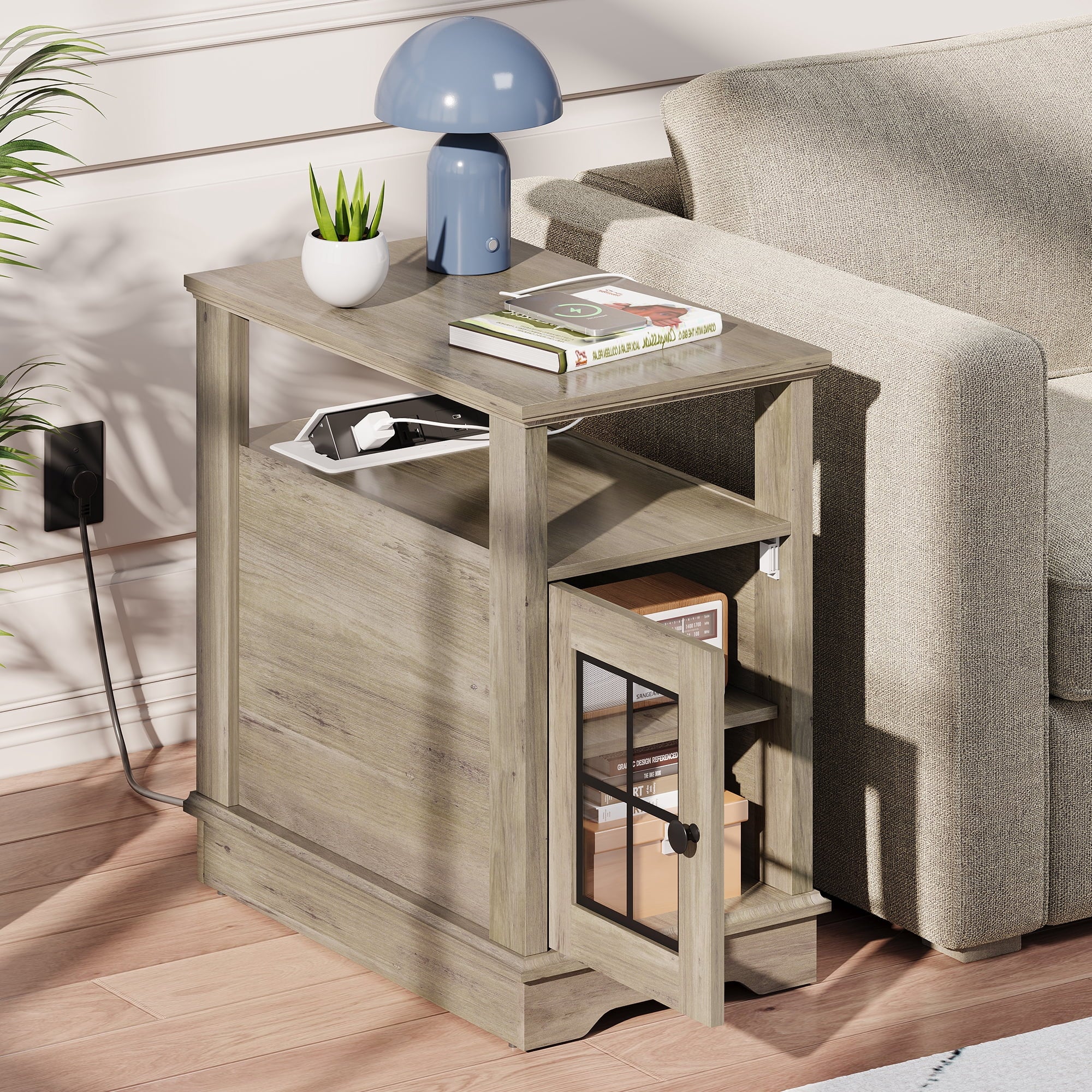 GALAXHERO Farmhouse End Table with Charging Station Narrow Side Table for Living Room Night Stand with Storage, Nightstand with USB Ports and Outlets for Bedroom