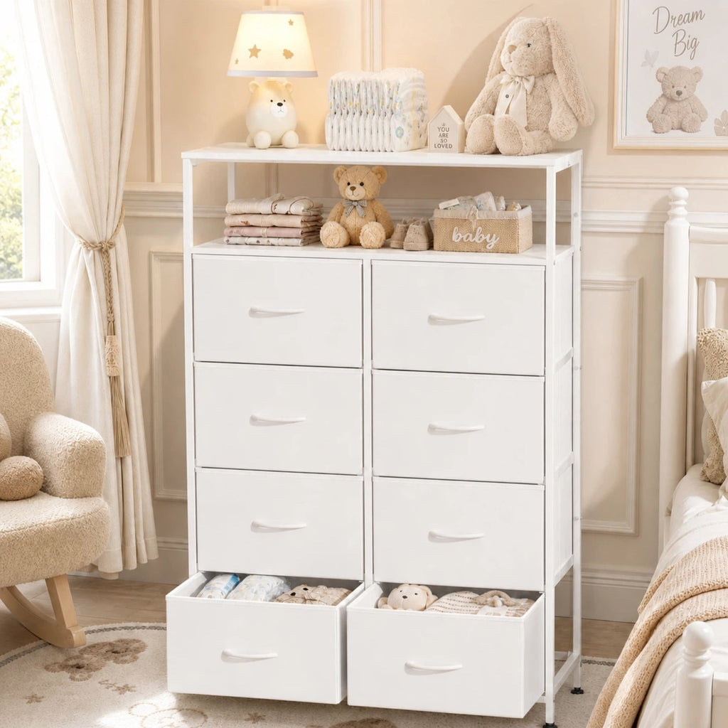 GALAXHERO 8-Drawer Fabric Dresser with Open Shelves, Tall Chest of Drawers with Wooden Top, Storage Tower for Entryway, Bedroom & Closet