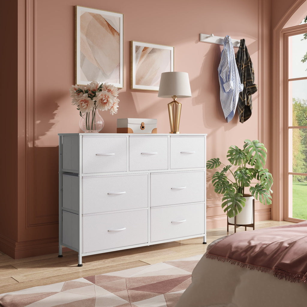 GALAXHERO 7 Drawer Dresser, TV Stands for 45" TV, Chest of Drawers with Fabric Bin for Bedroom, Living Room, Entryway