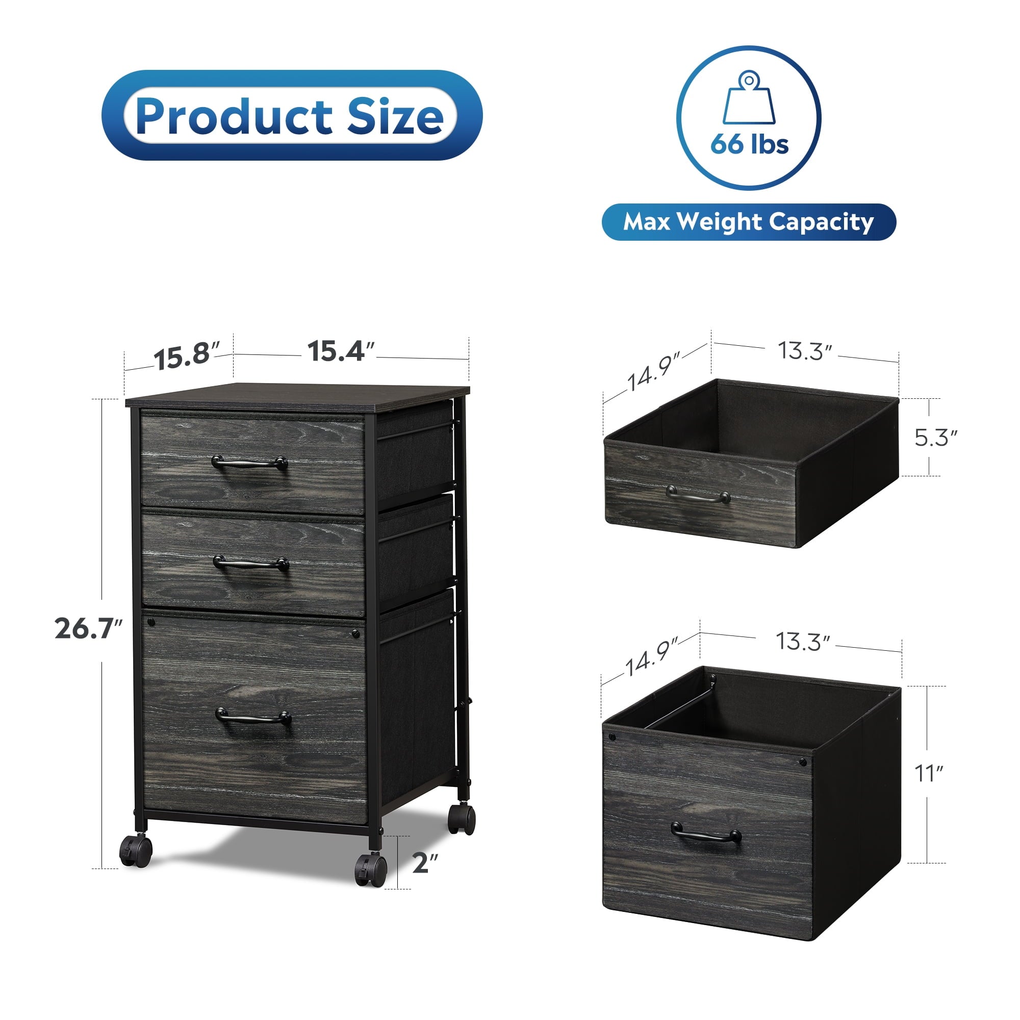 GALAXHERO 3 Drawers Mobile File Cabinet, Desk Table Cabinet Fits A4/Letter Size, Home Office Furniture,  Wood Grain