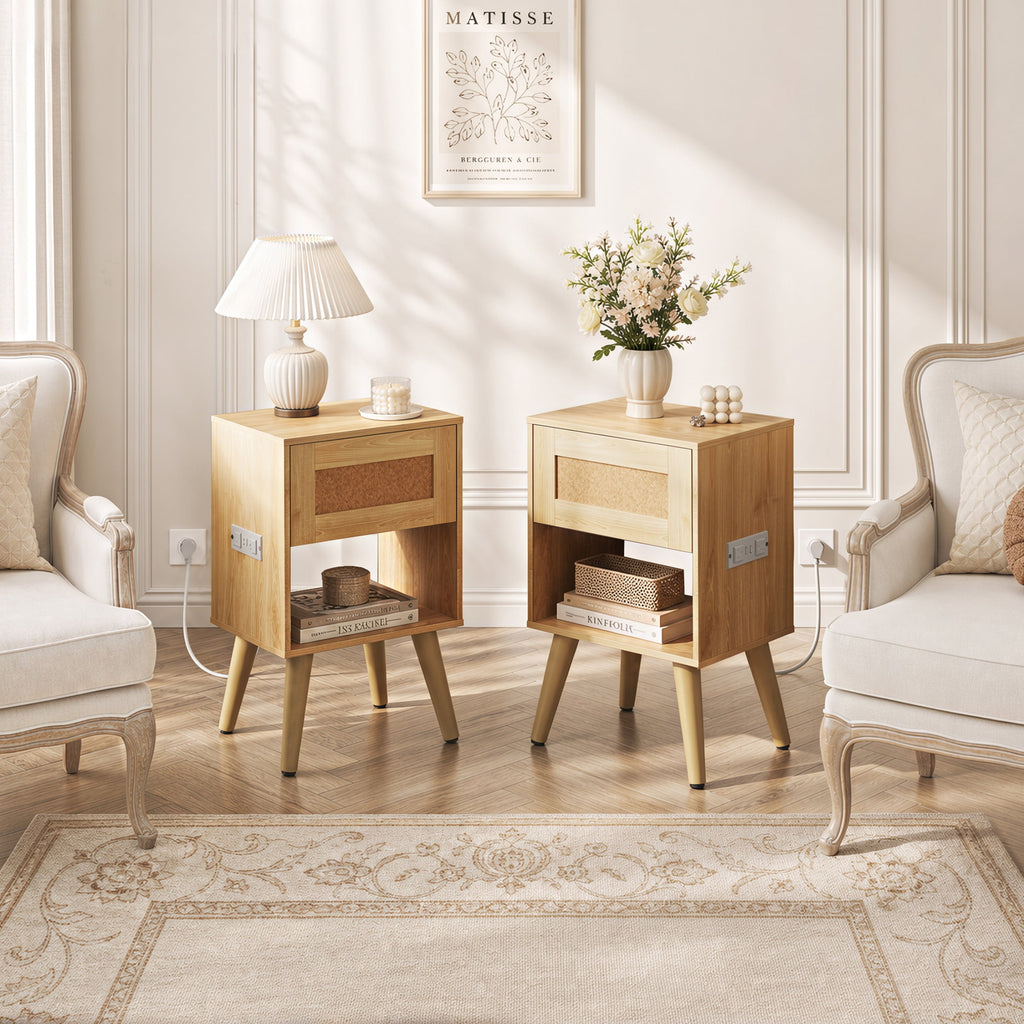GALAXHERO Nightstand Set of 2 with Charging Station, Boho Rattan Bedside Table with Drawer,End Table With Open Shelf for Bedroom Living Room Dorm