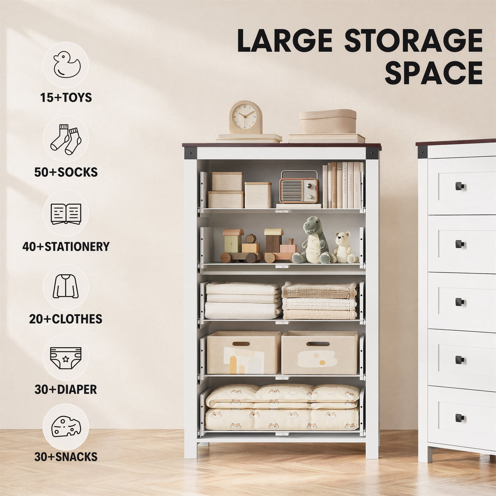 GALAXHERO Farmhouse 5 Drawer Dresser, Tall Dresser with Double Rustic Handles, Wood Chest of Drawers for Bedroom, Living Room, Hallway