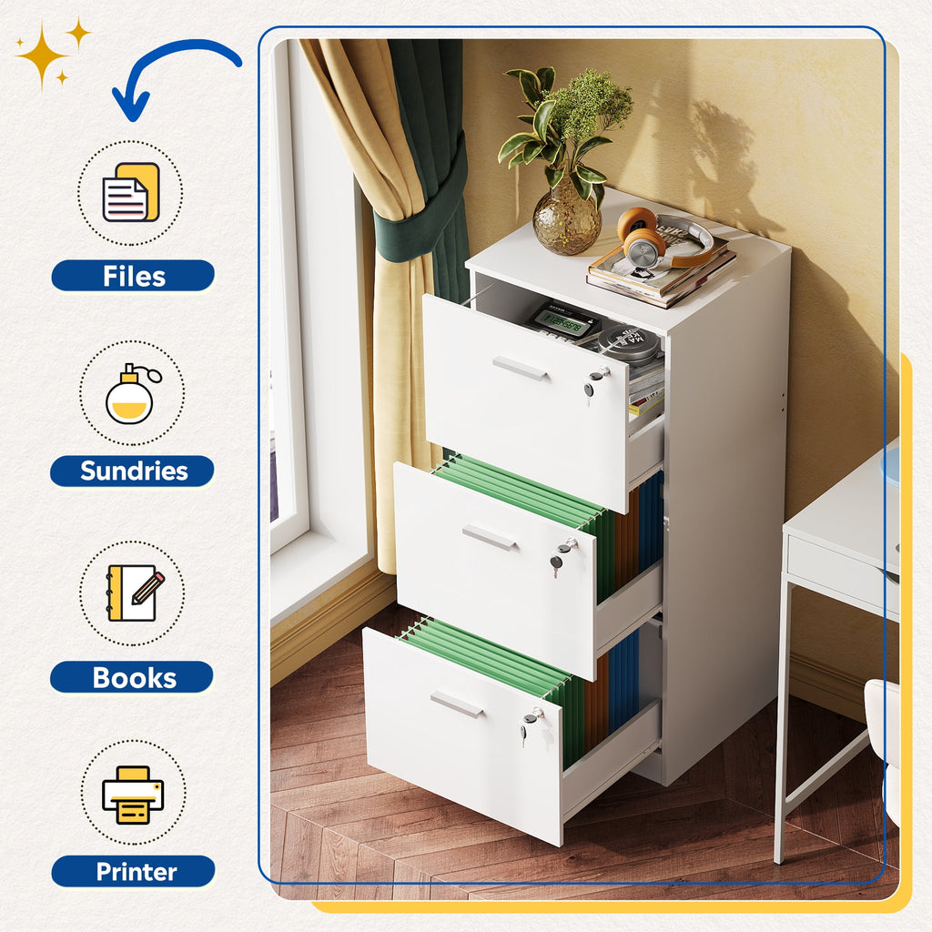 GALAXHERO 3 Drawers File Cabinets, Vertical Filing Cabinet with 3 Locks for Home Office, Wood Office Printer Stand for Letter/A4 Size