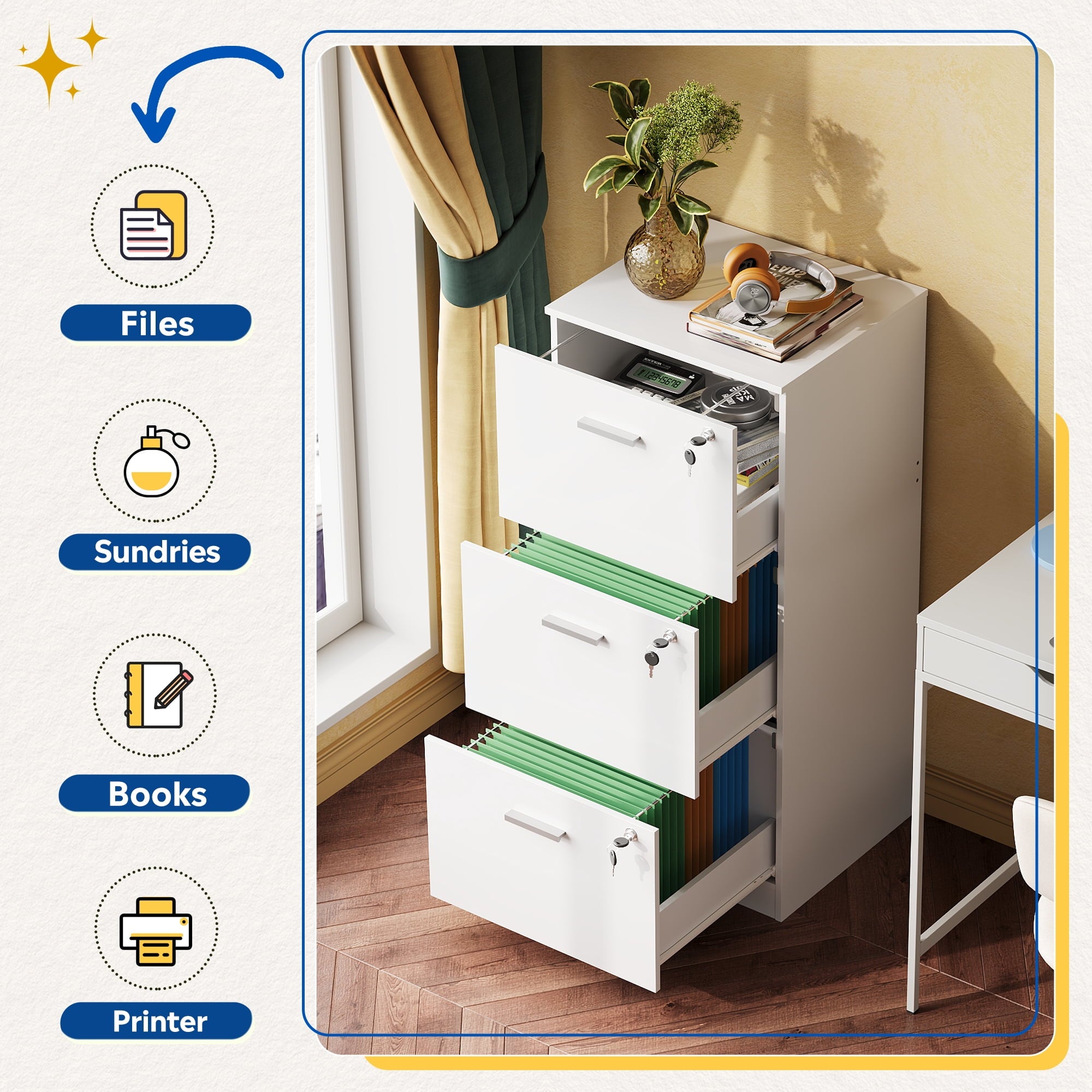 GALAXHERO 3 Drawers File Cabinets, Vertical Filing Cabinet with 3 Locks for Home Office, Wood Office Printer Stand for Letter/A4 Size