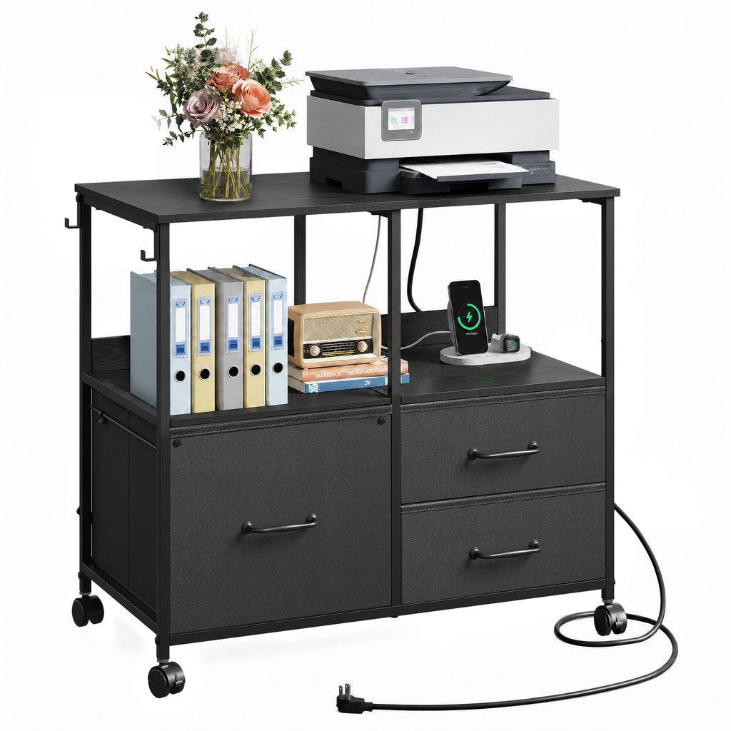 GALAXHERO 3 Drawer File Cabinet with Charging Station, Mobile Printer Stand with Storage Shelves, Filing Cabinet Furniture for Home Office, Fits Letter/A4