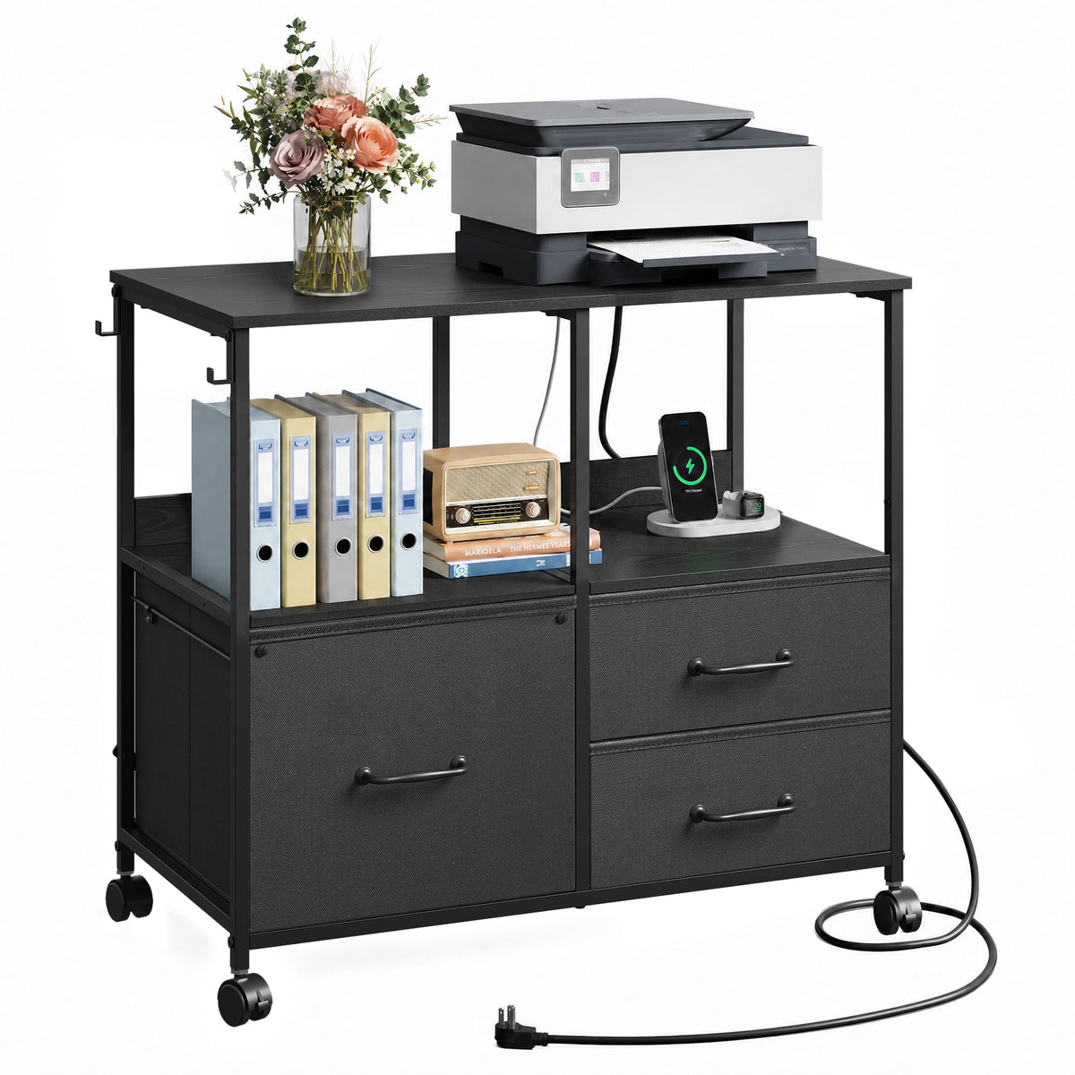 GALAXHERO 3 Drawer File Cabinet with Charging Station, Mobile Printer Stand with Storage Shelves, Filing Cabinet Furniture for Home Office, Fits Letter/A4