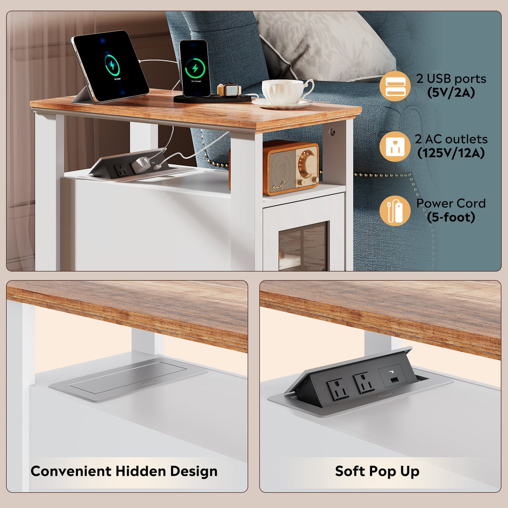 GALAXHERO Farmhouse End Table with Storage Narrow Side Table for Living Room  Small Table with USB Ports and Outlets for Bedroom